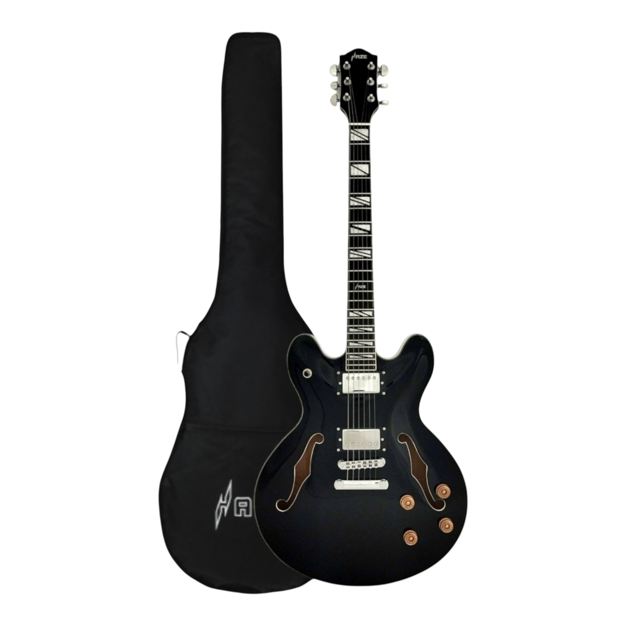Haze SEG272 Semi-Hollow HH Electric Guitar, Black Gloss, Flame