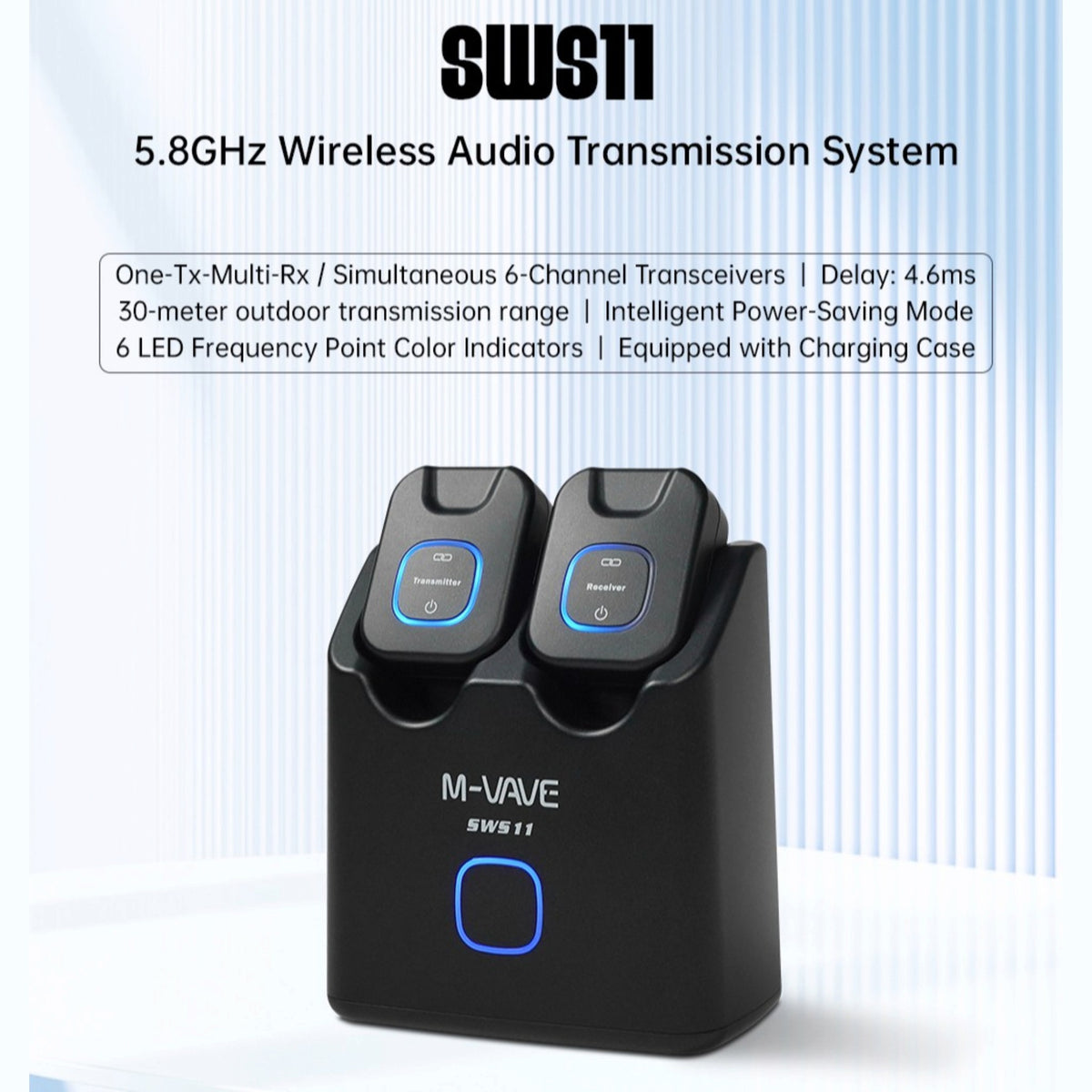 M-VAVE SWS11 Wireless 5.8GHz Audio Transmitter & Reciever System w/ 24-bit Lossless Audio, 3ms Latency & Charging Case