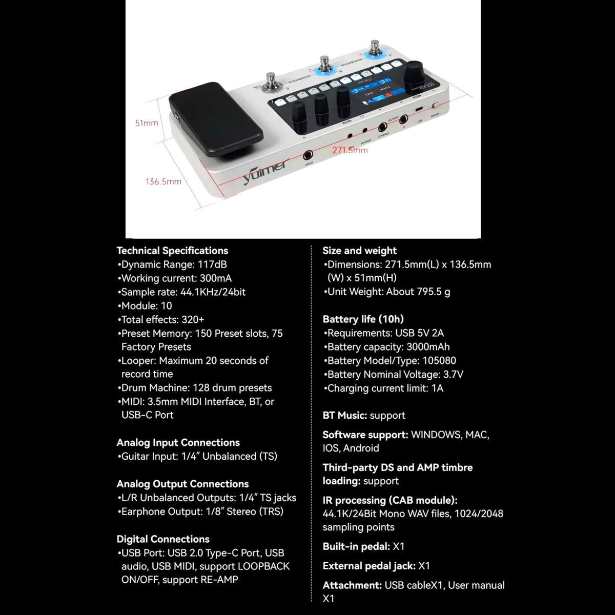 Yuimer MK20Y Portable Rechargeable 3-Switch Guitar & Bass Multi-Effects Floor Processor w/ Built-In Expression Pedal