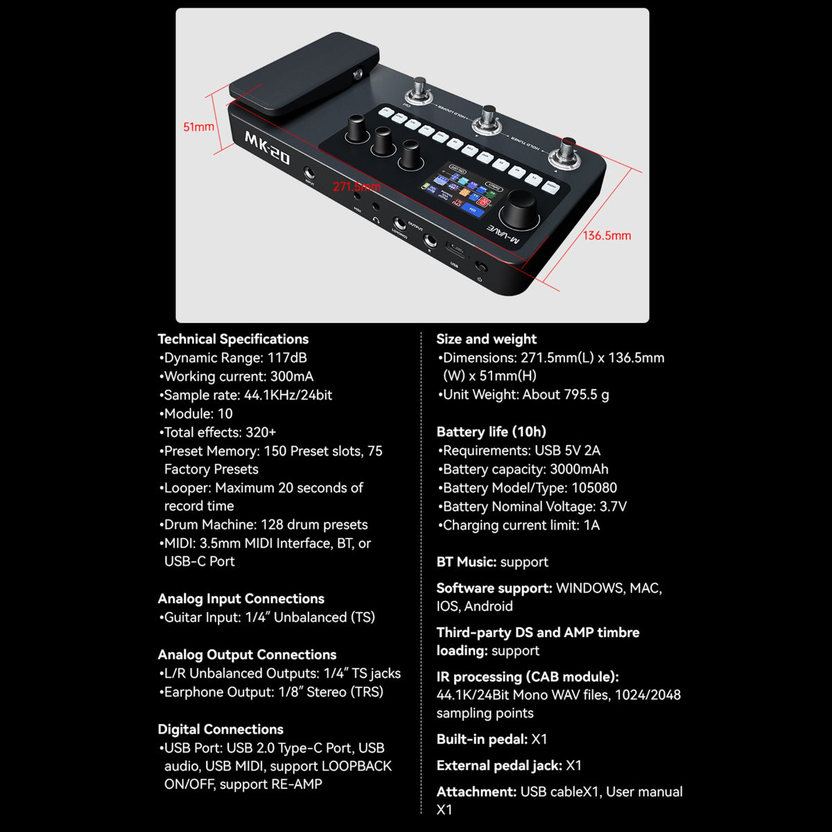 M-VAVE MK20 Portable Rechargable 3-Switch Guitar & Bass Multi-Effects Floor Processor w/ Built-In Expression Pedal