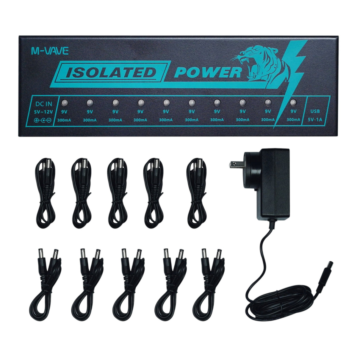 M-VAVE ISOLATEDPOWER 10-Output 9V 300mA Isolated Pedalboard Power Supply w/ Additional 5V USB Output & Over-Currant Protection