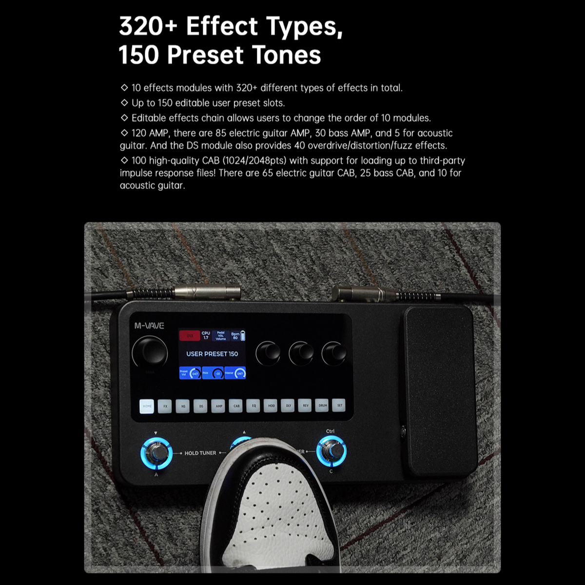 M-VAVE MK20 Portable Rechargable 3-Switch Guitar & Bass Multi-Effects Floor Processor w/ Built-In Expression Pedal