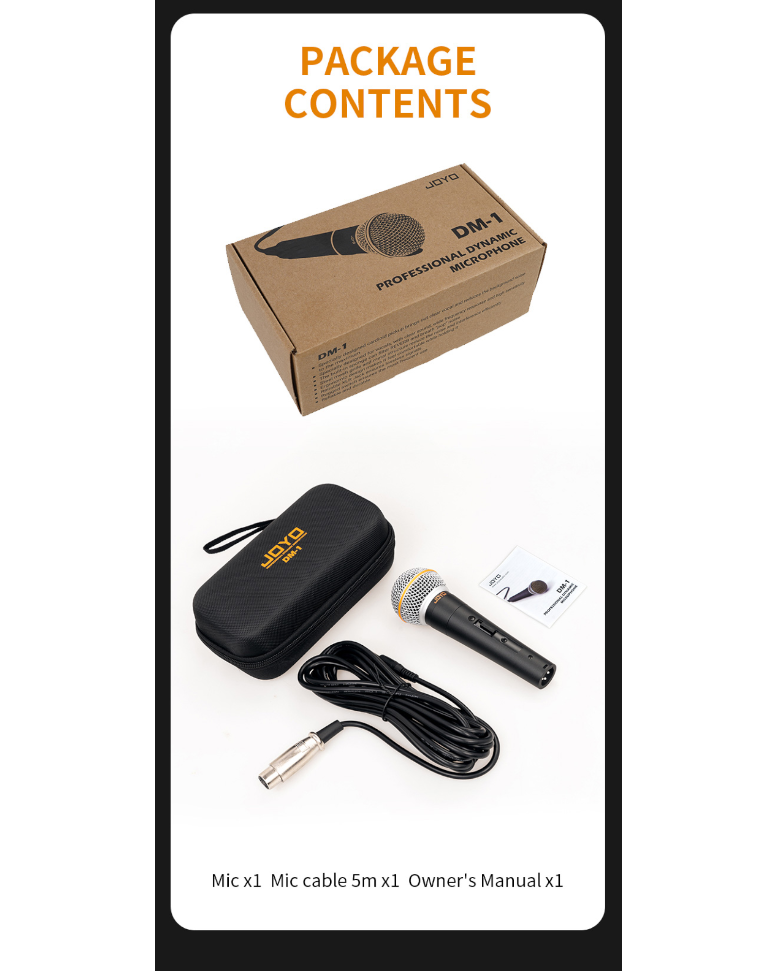 Joyo Professional Dynamic Vocal XLR Microphone w/ 5m Microphone Cable & Hard Carry Case - DM1