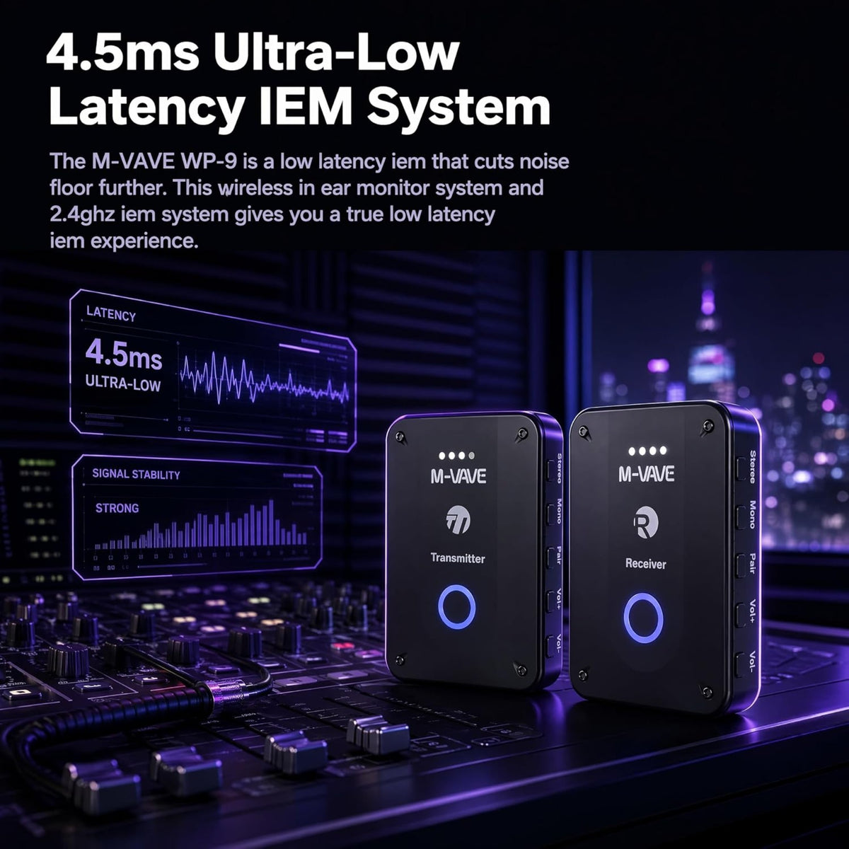 M-VAVE WP9 Wireless 2.4GHz Low-Latency In-Ear Monitor Transmitter / Reciever - 30m Range