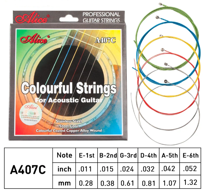 Alice A407C Colorful Acoustic Guitar Strings - Multi-Colored Steel String Set