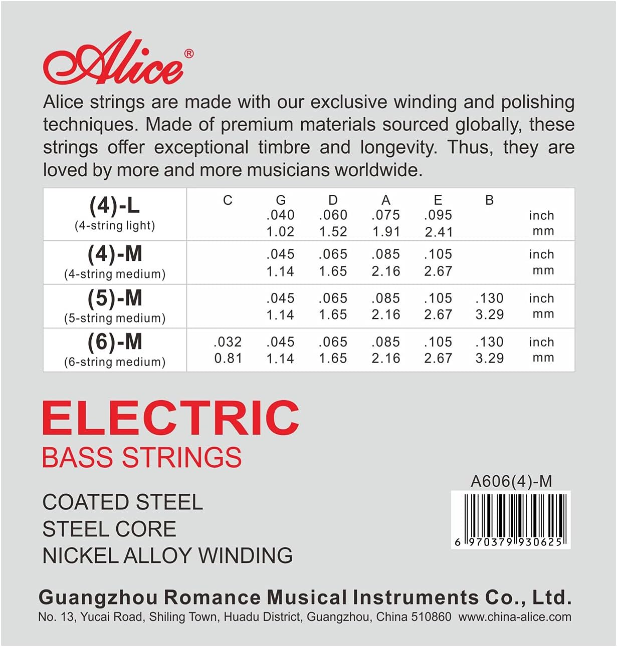 Alice A606M4 Electric Bass Guitar Strings Medium - 4 strings + 3 Picks