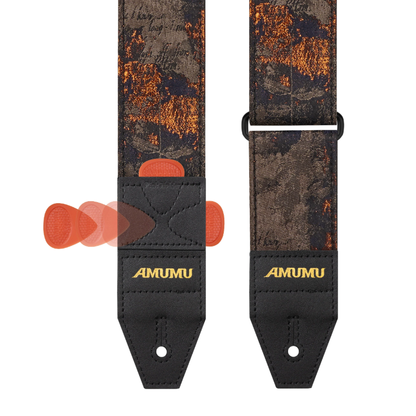 Amumu CO37PBG Molten Gold Guitar Strap – Premium Woven Design with Leather Ends & Pick Holder