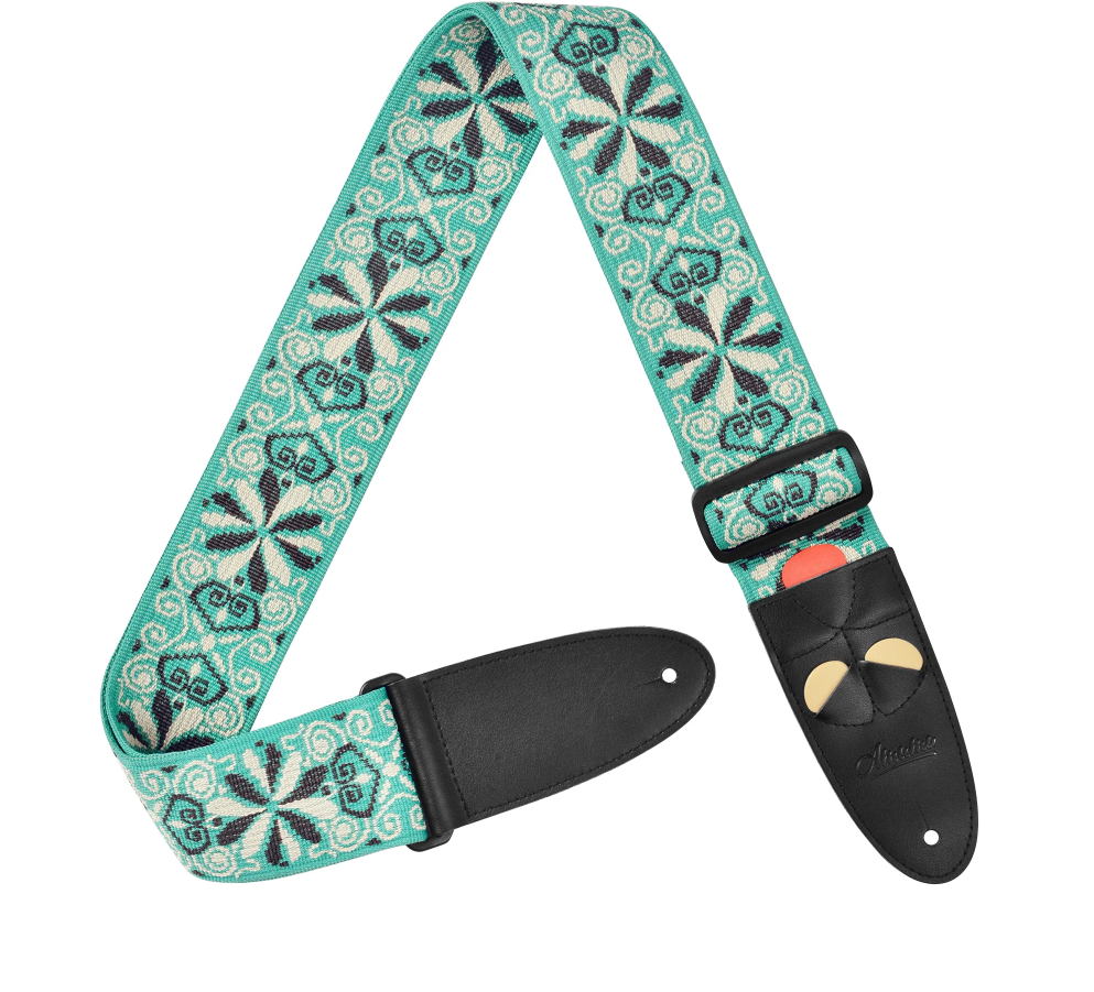 Amumu PET02JGN Hootenanny Jacquard Woven Guitar Strap Green Polyester