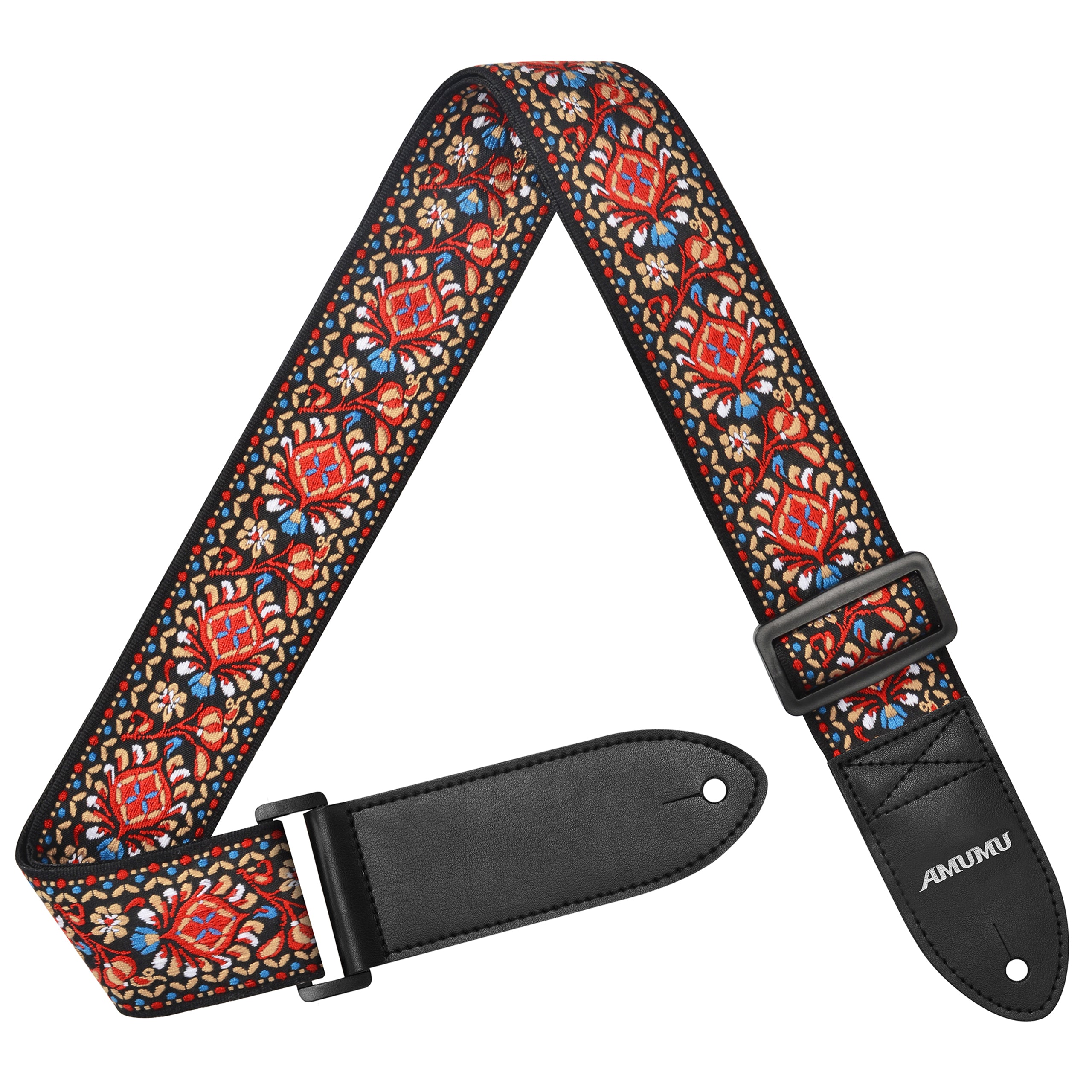 Amumu CO11JRD Vintage Embroidery Guitar Strap Red Cotton