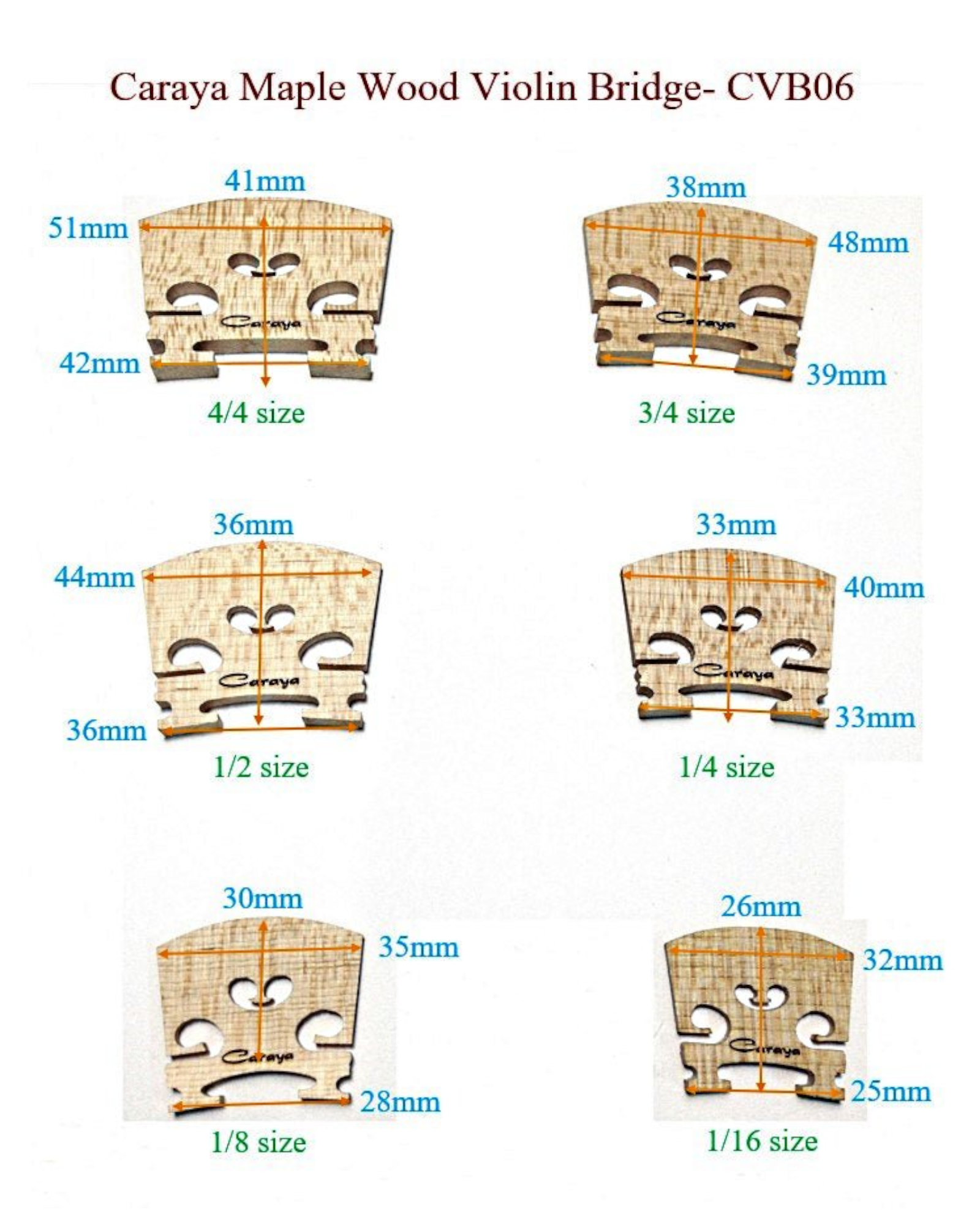 Caraya CVB06 Maple Wood Violin Bridge - 4/4, 3/4, 1/2, 1/4, 1/8, 1/16