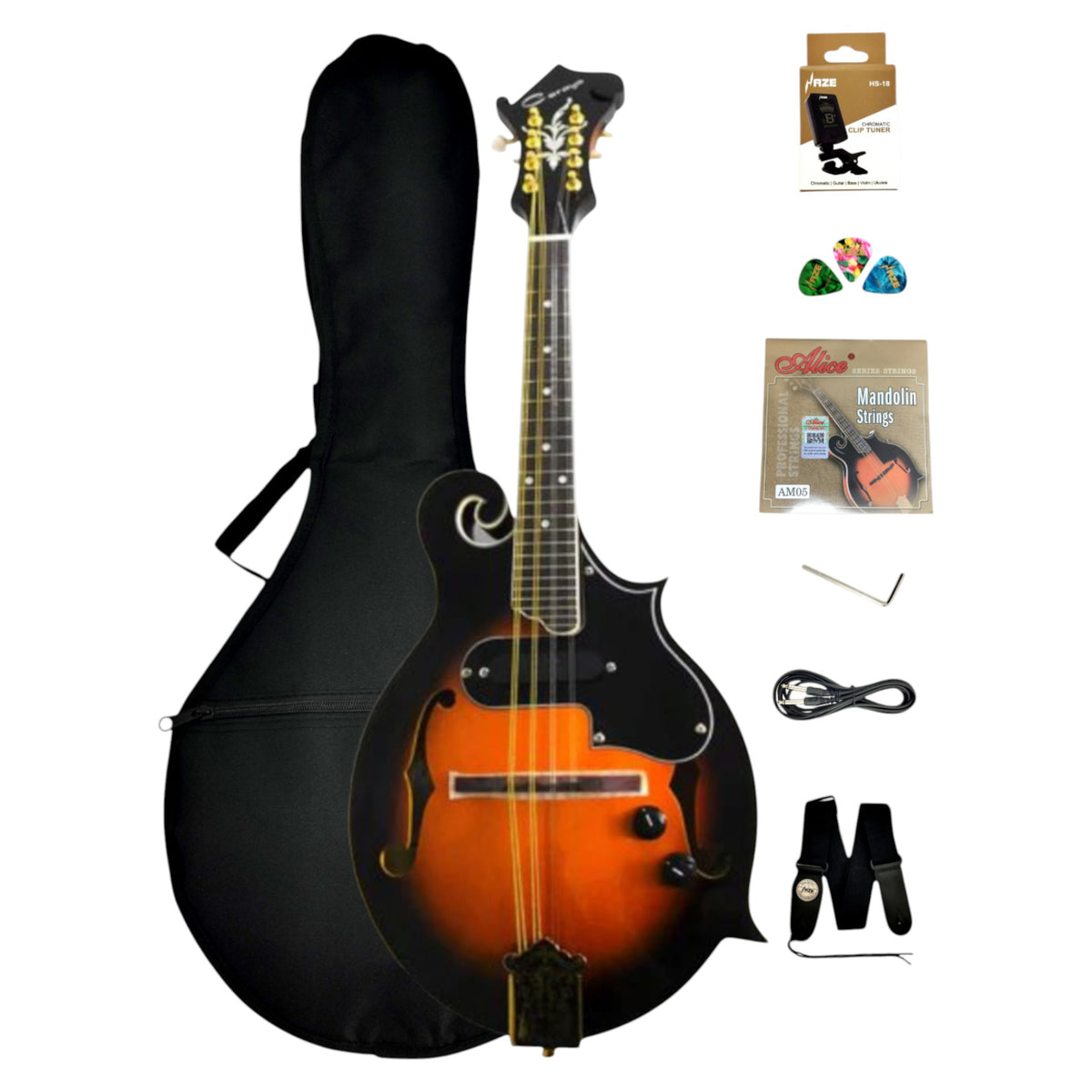 (PREORDER: EST. NOV 2026) Caraya Solid Spruce Top F-Style Acoustic-Electric Mandolin in Sunburst w/ Accessories & Lockable Hardcase (Optional) - SMA008EQVS