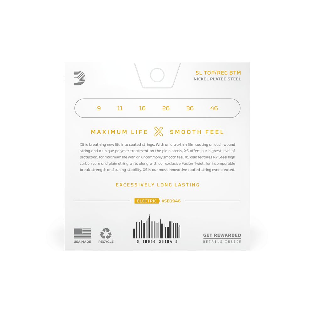 D’Addario 09-46 XS Coated Nickel Electric Guitar Strings – Super Light Top/Regular Bottom (.009–.046) (XSE0946)