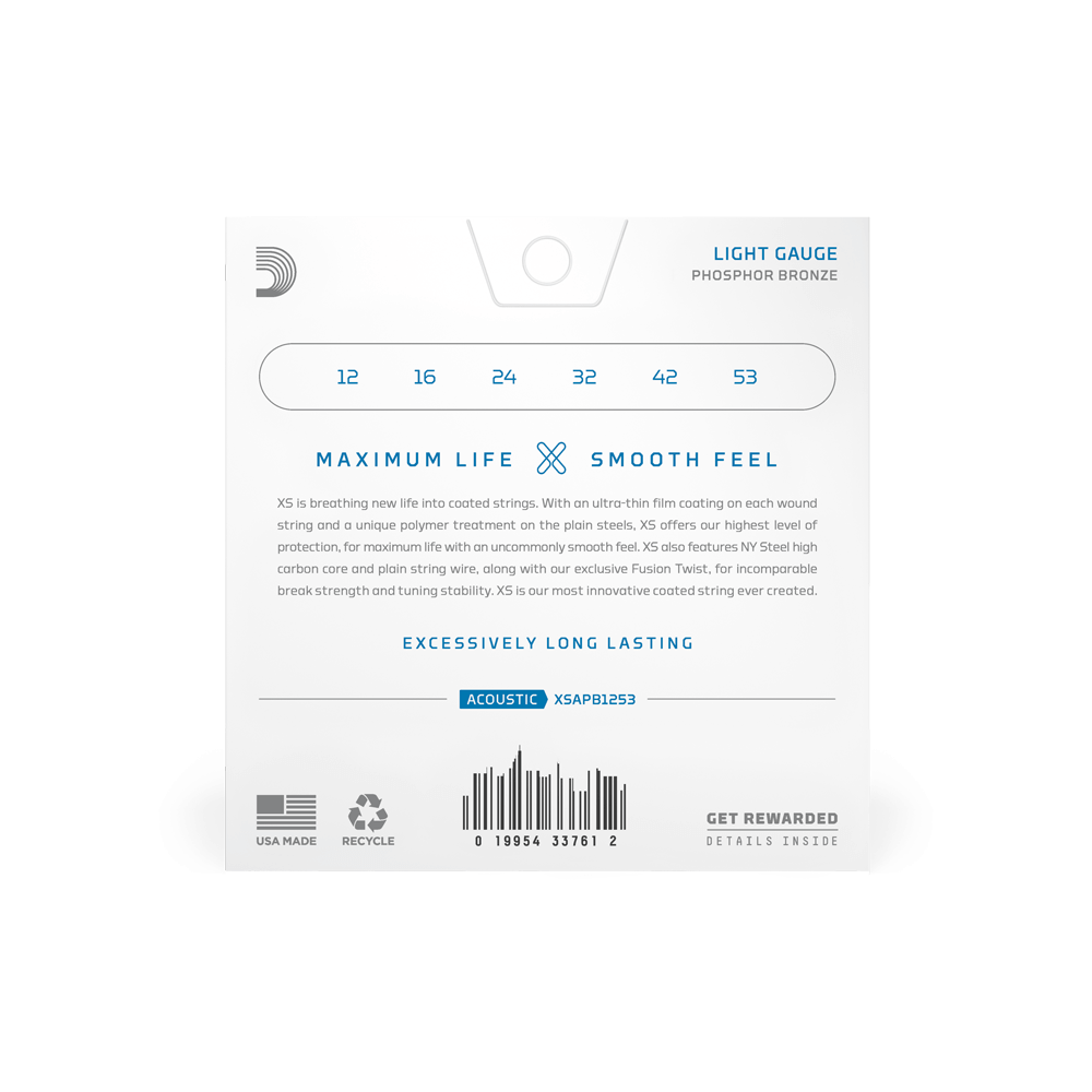 D’Addario 12-53 XS Phosphor Bronze Coated Acoustic Guitar Strings – Regular Light (.012–.053) (XSAPB1253)