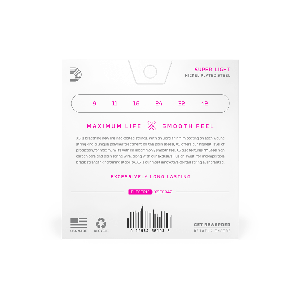 D’Addario 09-42 XS Coated Nickel Electric Guitar Strings – Super Light (.009–.042) (XSE0942)