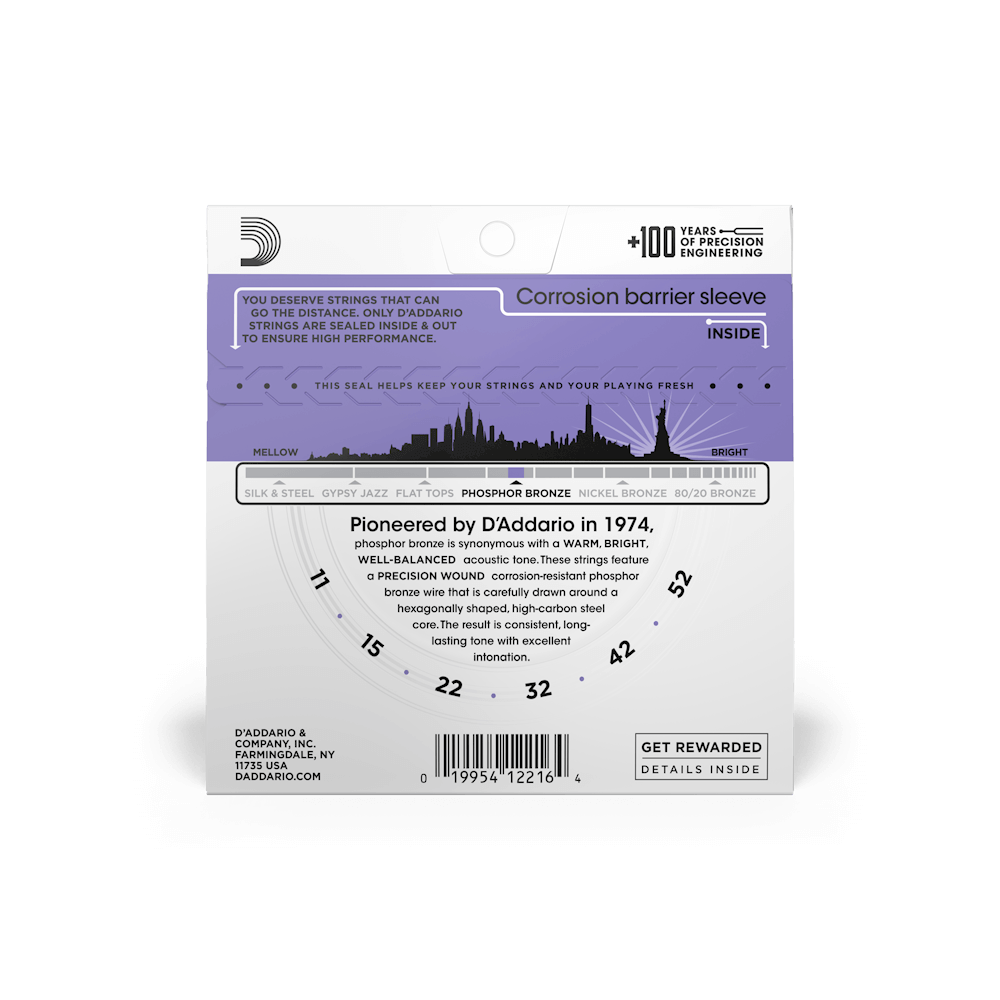 D’Addario 11-52 Phosphor Bronze Acoustic Guitar Strings – Custom Light (.011–.052) (EJ26)