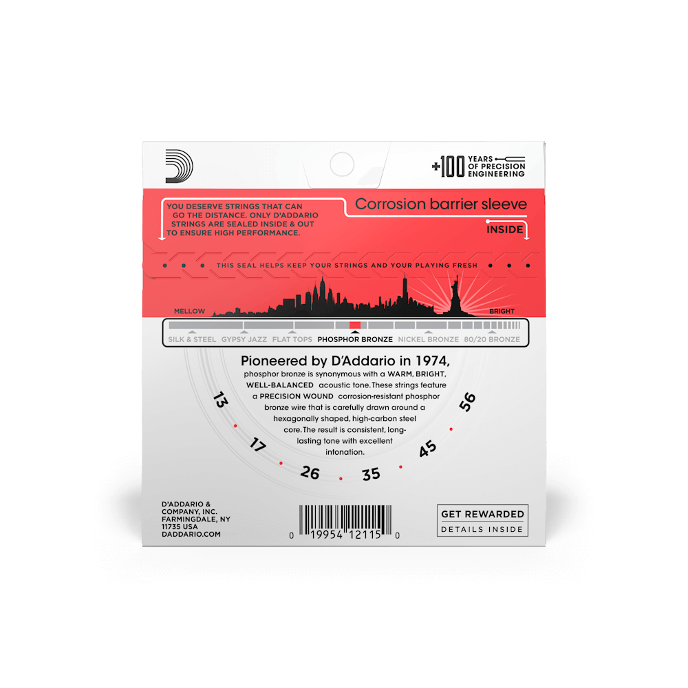 D’Addario 13-56 Phosphor Bronze Acoustic Guitar Strings – Medium (.013–.056) (EJ17)