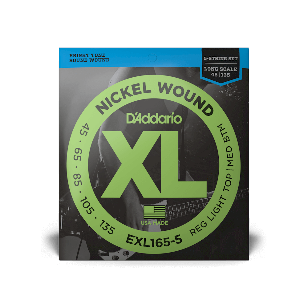 D’Addario 45-135 XL Nickel Bass Strings – Regular Light Top/Medium Bottom 5-String, Long Scale (EXL165-5)