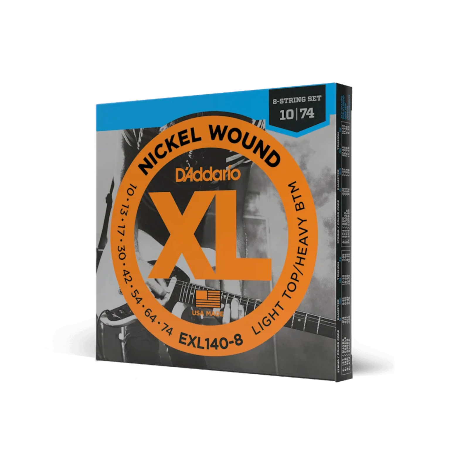 D'Addario 10-74 8-String Electric Guitar Strings - Light Top/Heavy Bottom (.010 - .074) (EXL140-8)