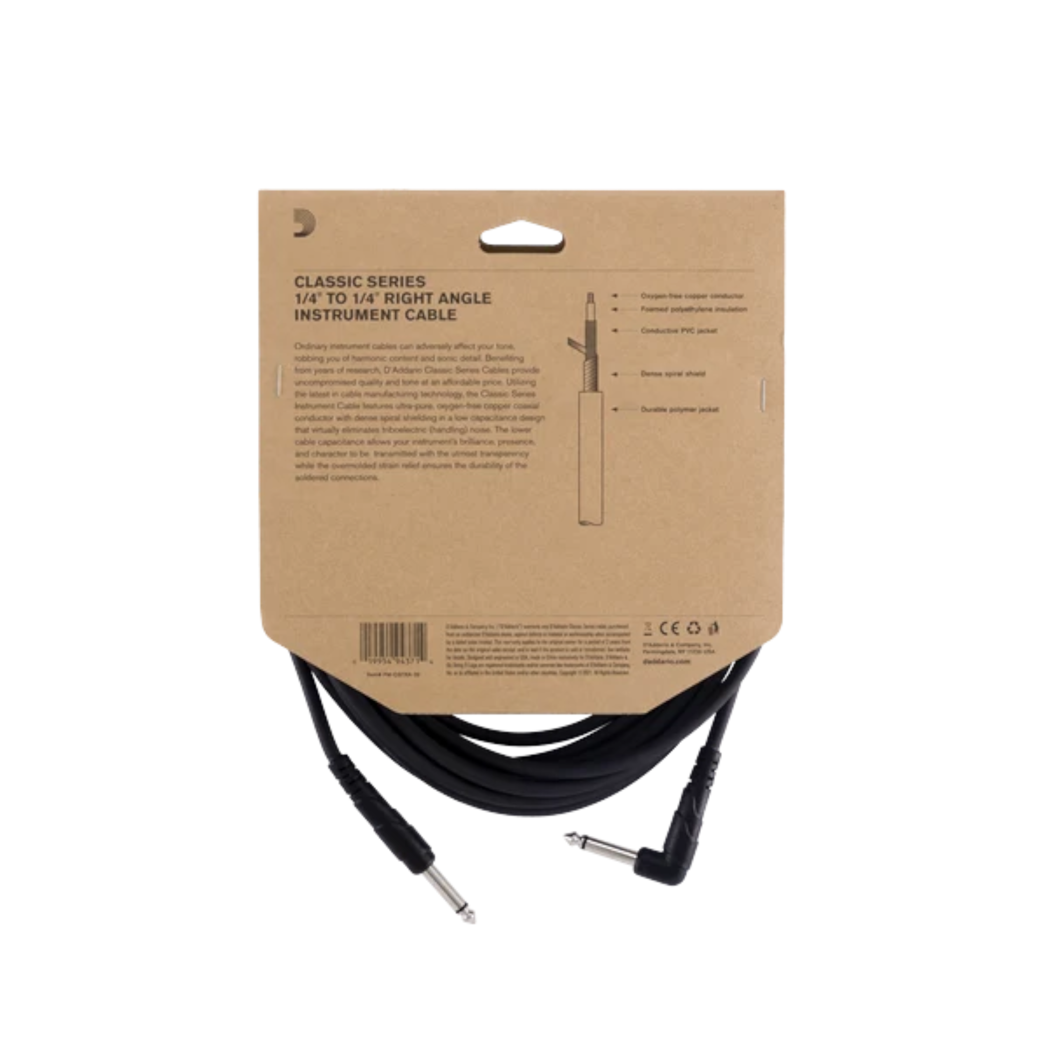 D'Addario Classic Series 1/4" Jack Instrument Cable - Right-Angle-Straight
