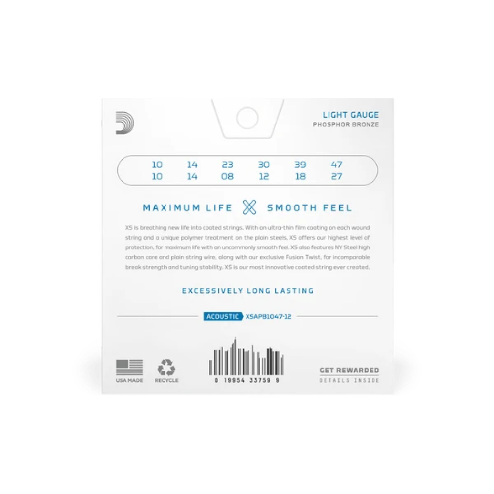 D'Addario 10-47 Coated 12-String Acoustic Guitar Strings - Light (.010 - .047) (XSAPB104712)