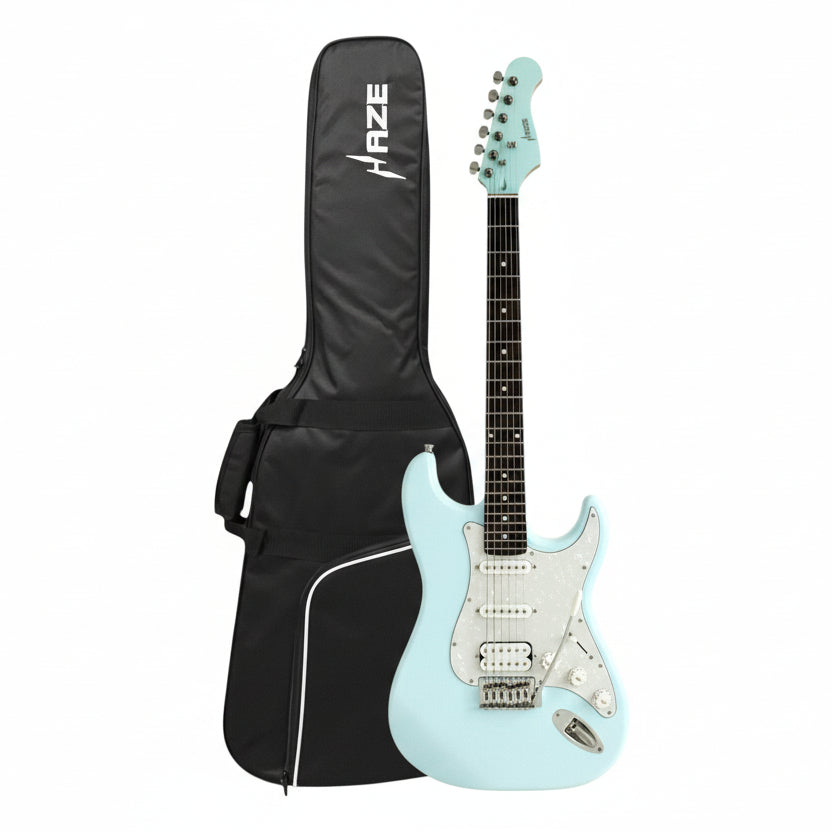 Light blue electric guitar with black case on a white background