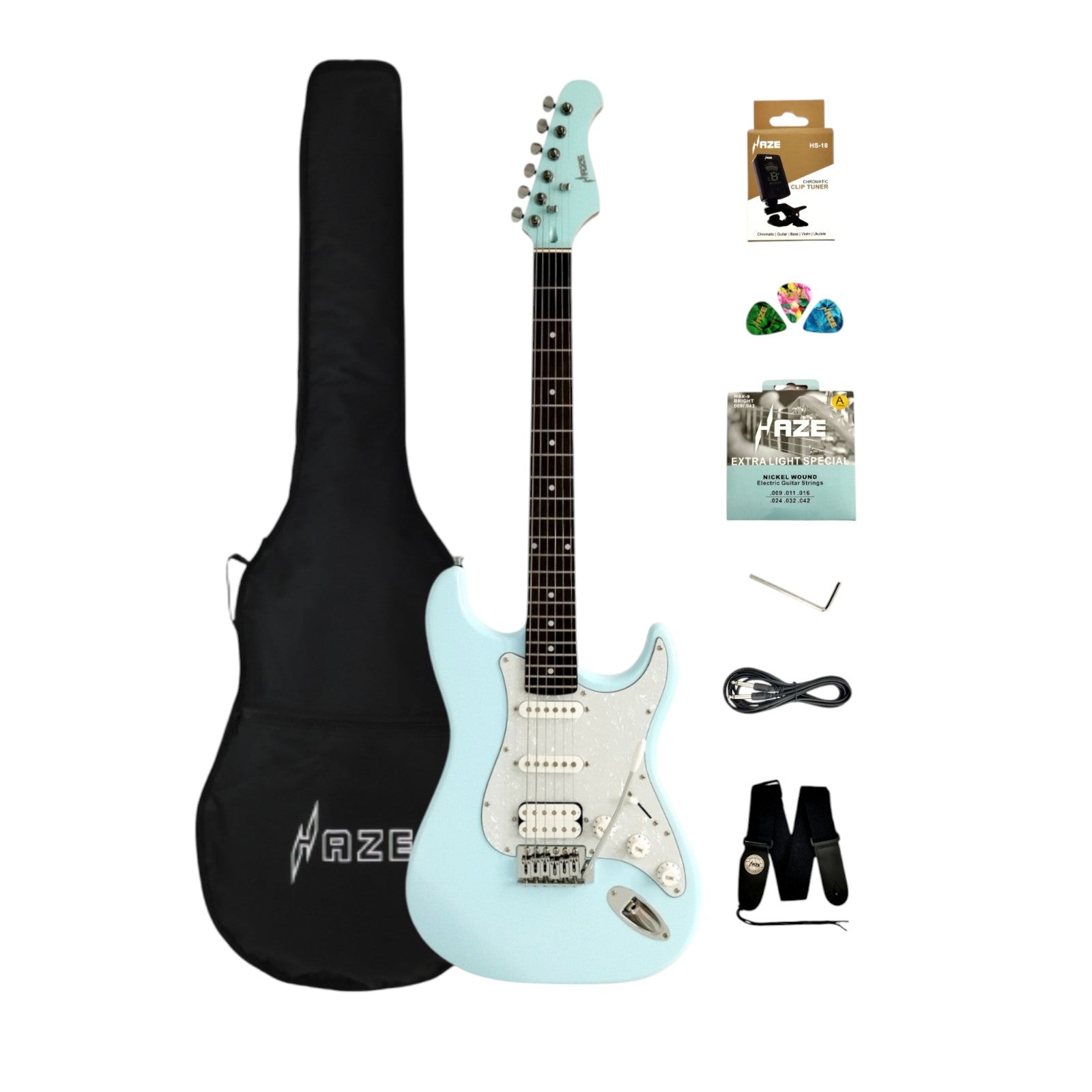 Haze E211 Sonic Blue HST Electric Guitar with Accessories + 10W Amp (Optional)