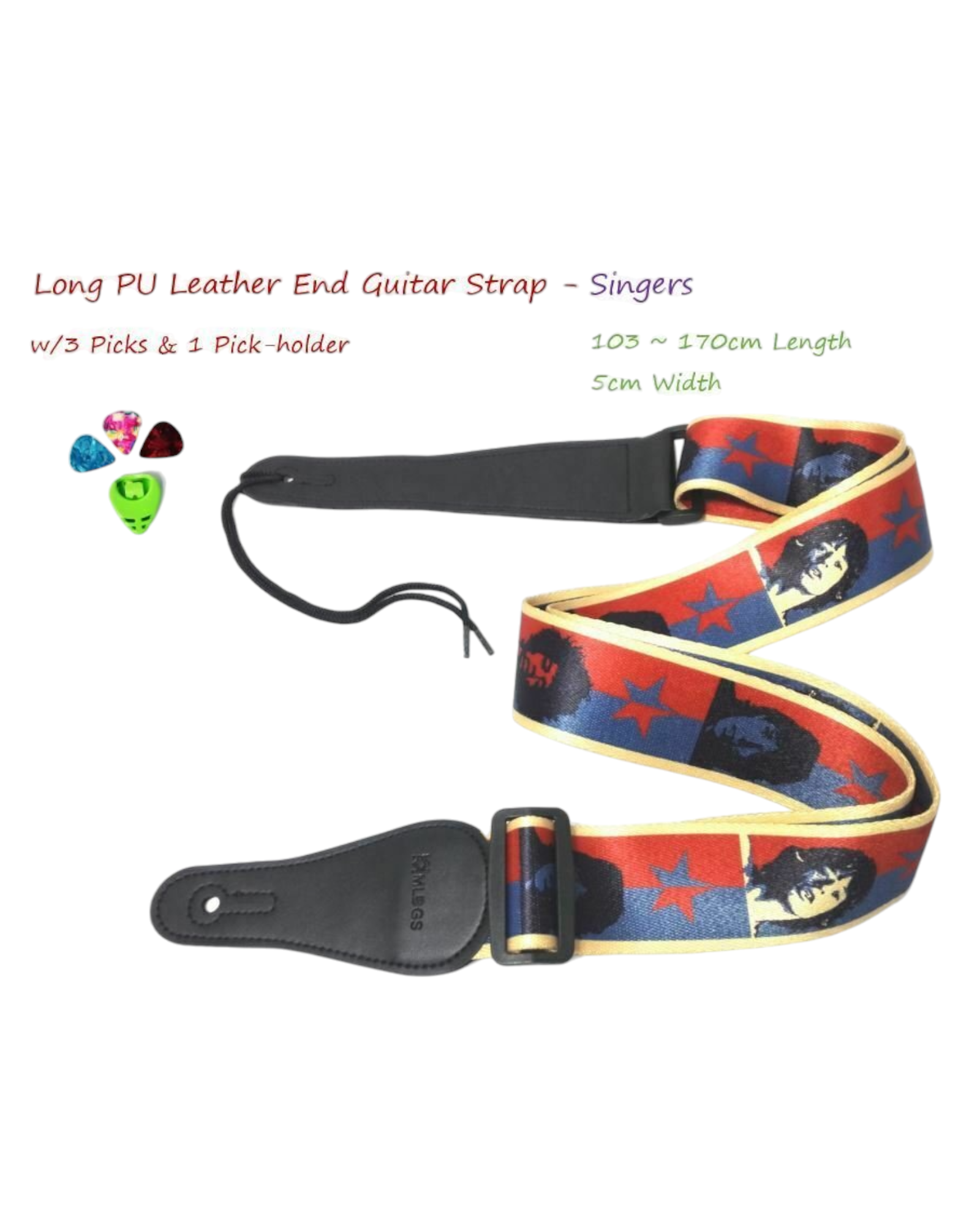 Long PU Leather End Guitar Strap, Length Adjustable 103~170cm, "Singers", GSBAND