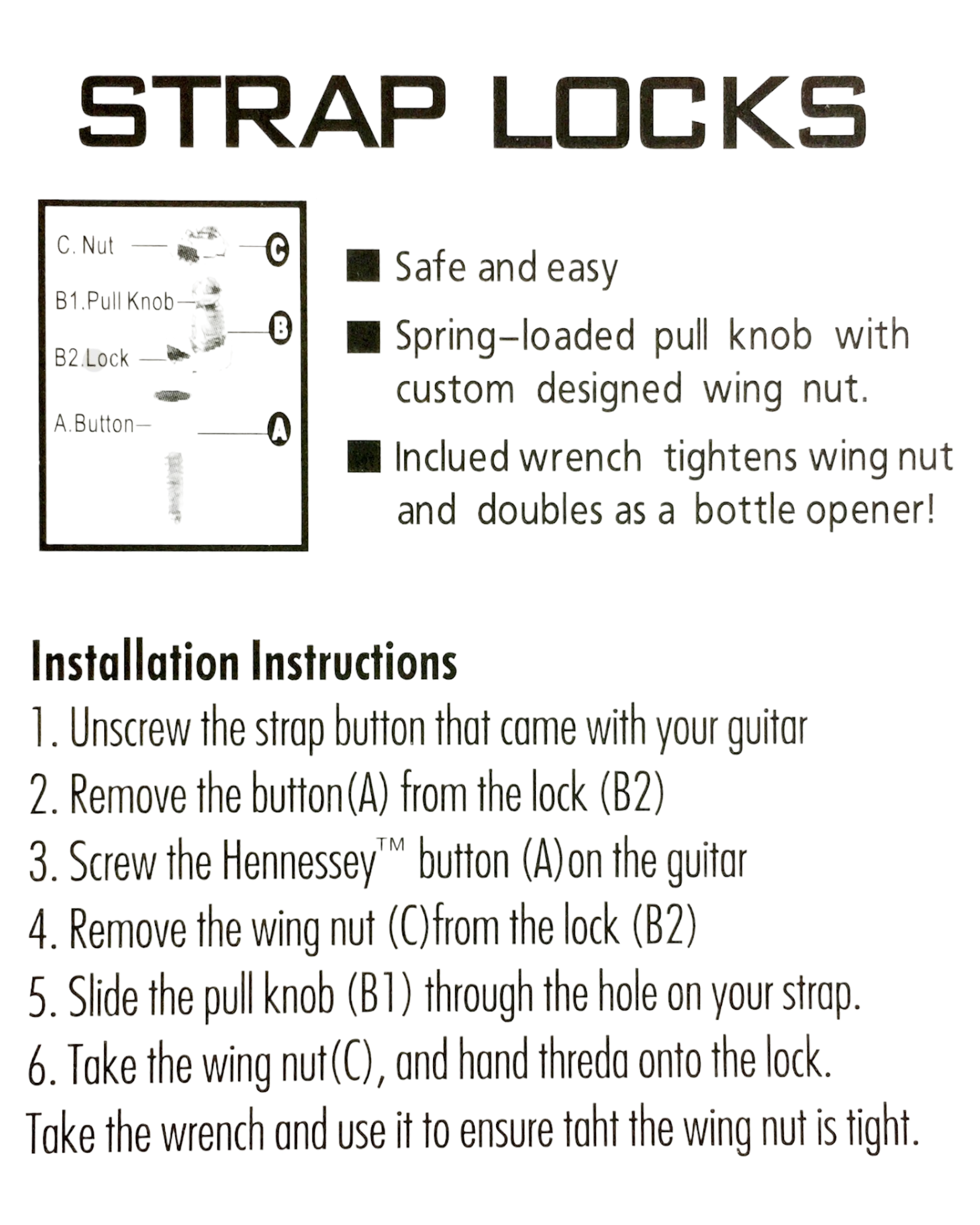 4 HJKCR Guitar Strap Locks (2 Sets) with Wrench & Bottle Opener Function - Silver