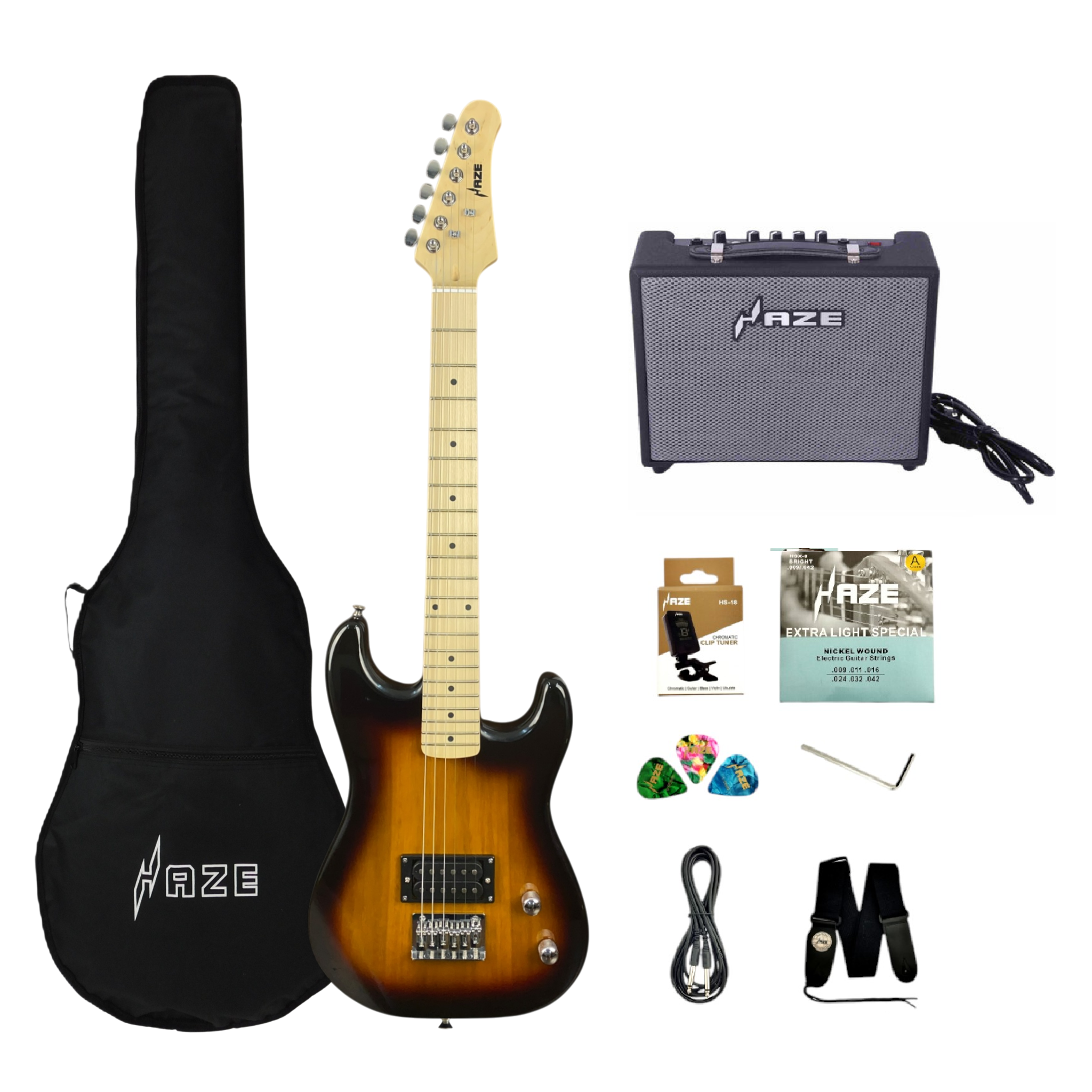 Haze HST01 "Inferno" Sunburst 3/4 Size Student Electric Guitar + 10W Amp (Optional)