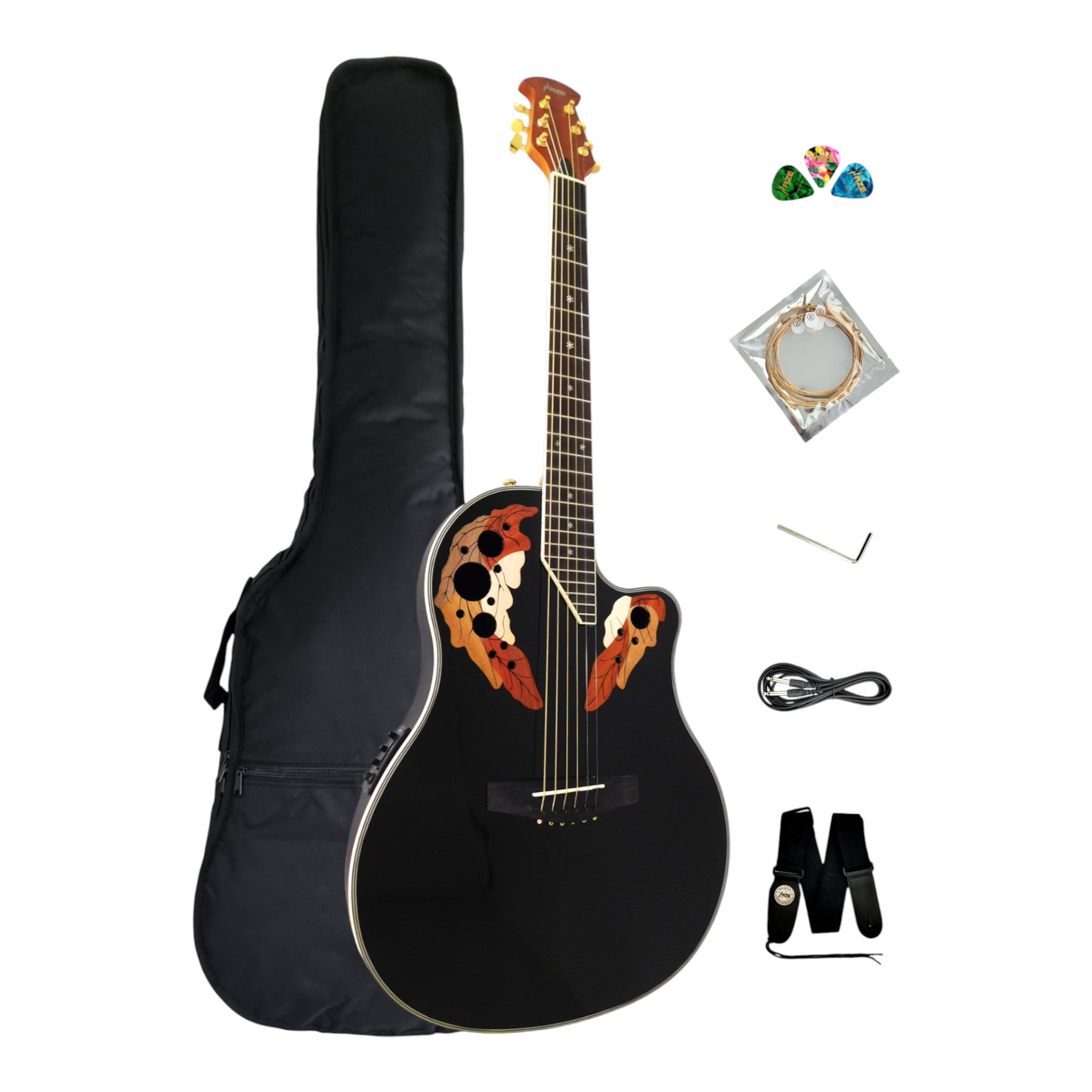 Haze SP723CEQBK Roundback Acoustic Guitar with Built-In Pickups & Tuner – Black, Includes Accessories & Optional 10W Amp