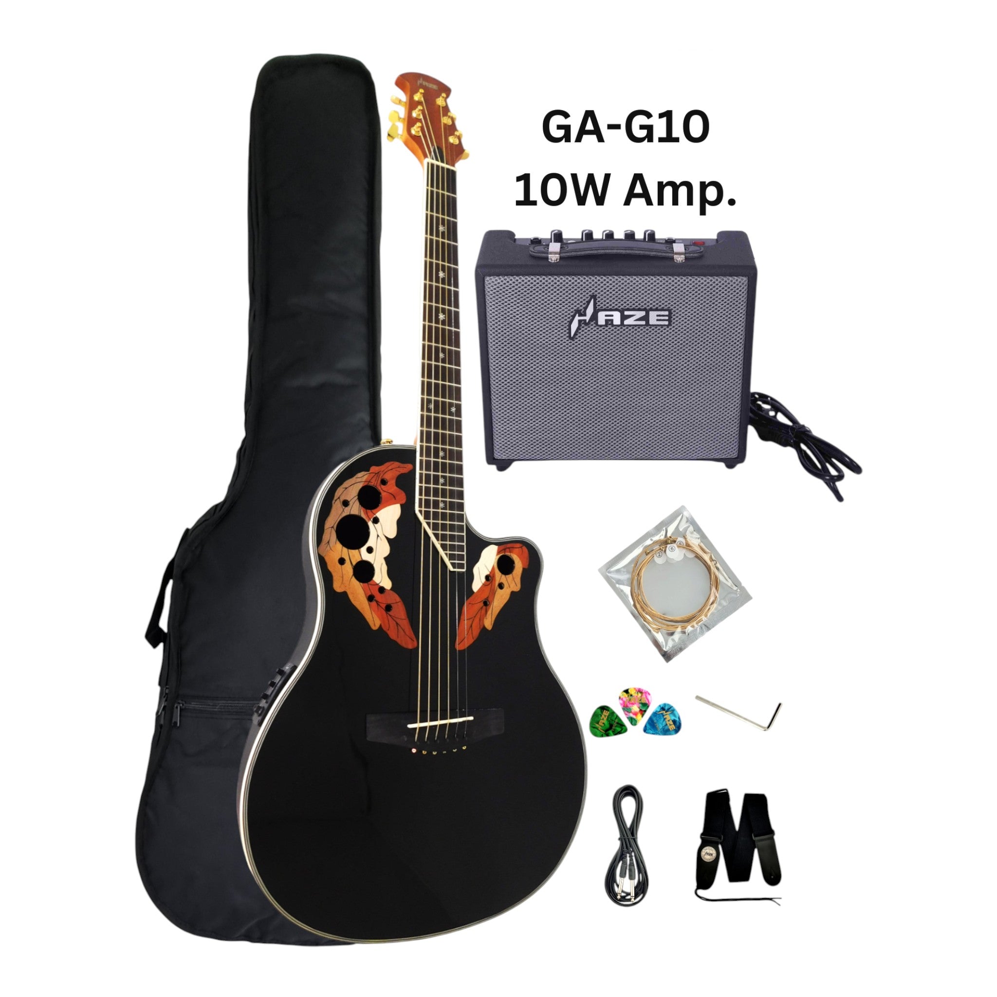 Haze SP723CEQBK Roundback Acoustic Guitar with Built-In Pickups & Tuner – Black, Includes Accessories & Optional 10W Amp