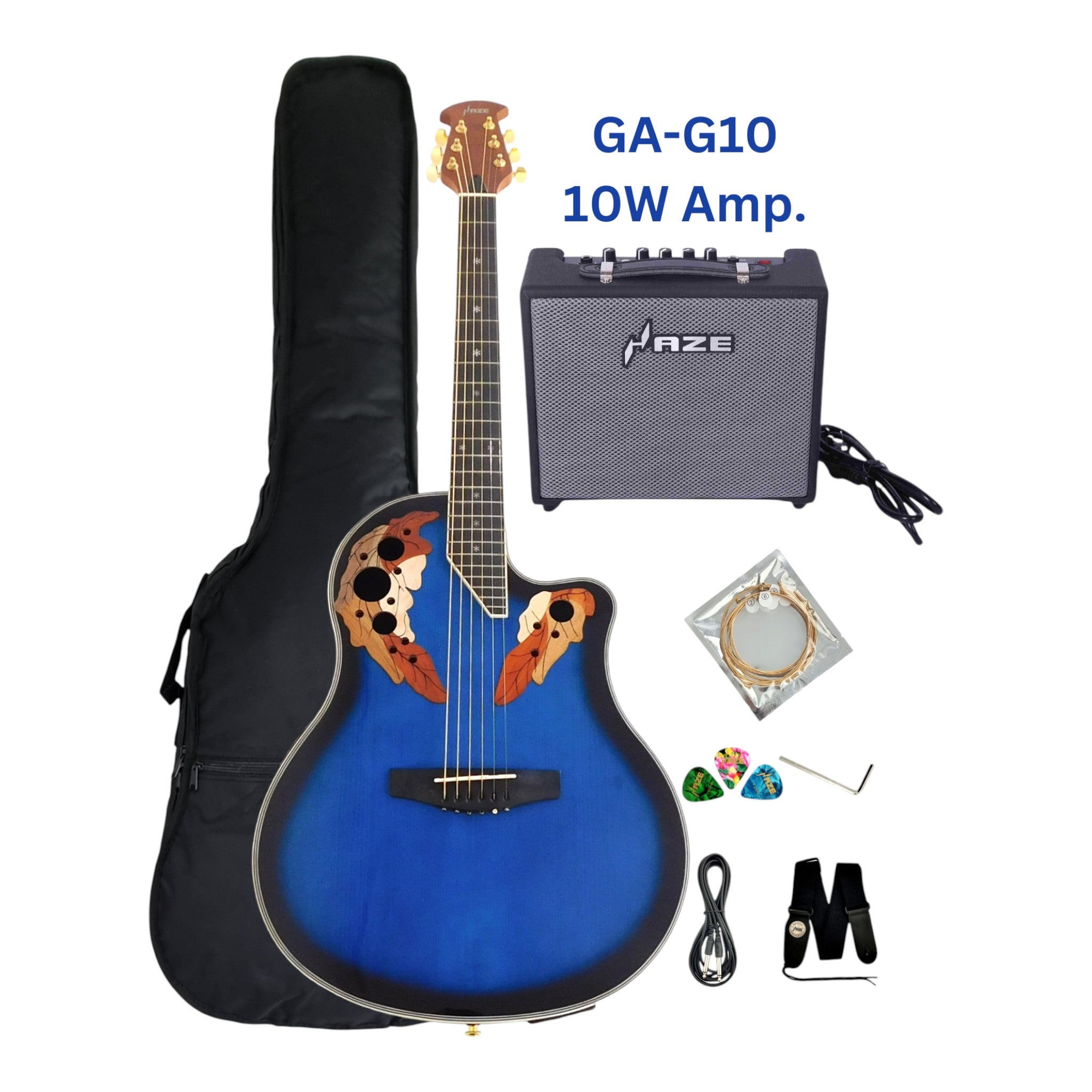 Haze SP723CEQBLS Fibre Glass Roundback Built-In Pickups/Tuner Acoustic Guitar - Blue with Accessories and 10W Amp. (Optional)