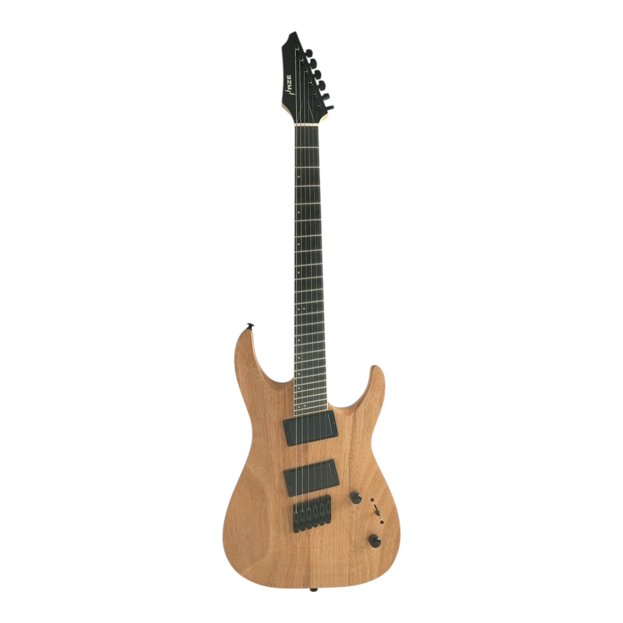 Haze 6FF Natural Oil 6-String Fanned Fret Electric Guitar with Active Humbuckers