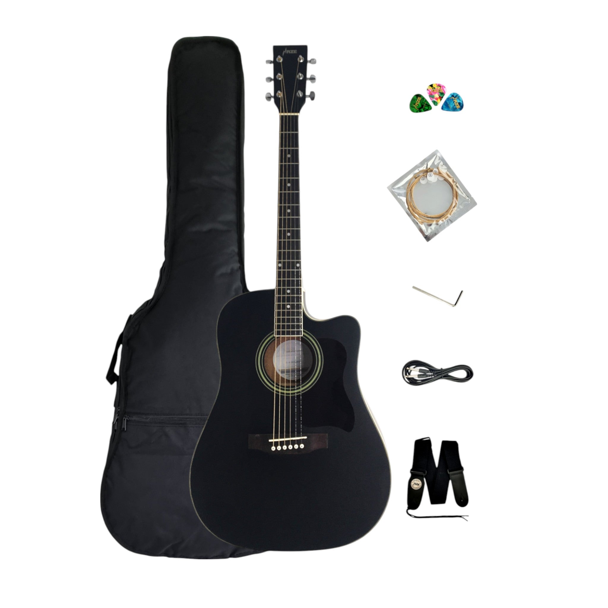 Haze F650CEQMBK Spruce Top Built-In Pickup/Tuner Dreadnought Acoustic Guitar - Black with Accessories and 10W Amp. (Optional)