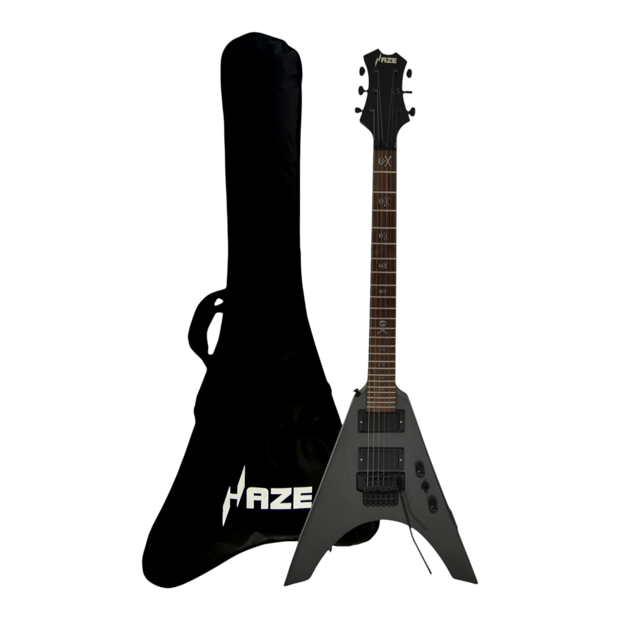 Haze FV1940 Gunmetal Grey V-Shaped Electric Guitar with Floyd Rose