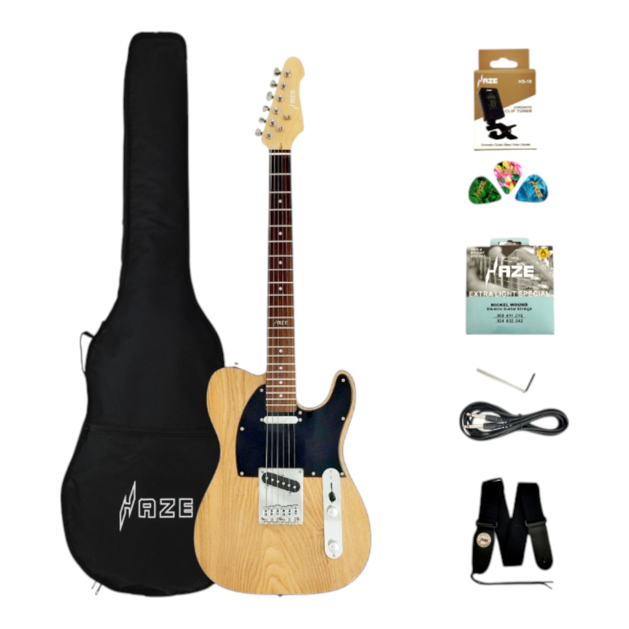 Haze HSTL191 Natural Electric Guitar with Ash Burl Top + 10W Amp. (Optional)