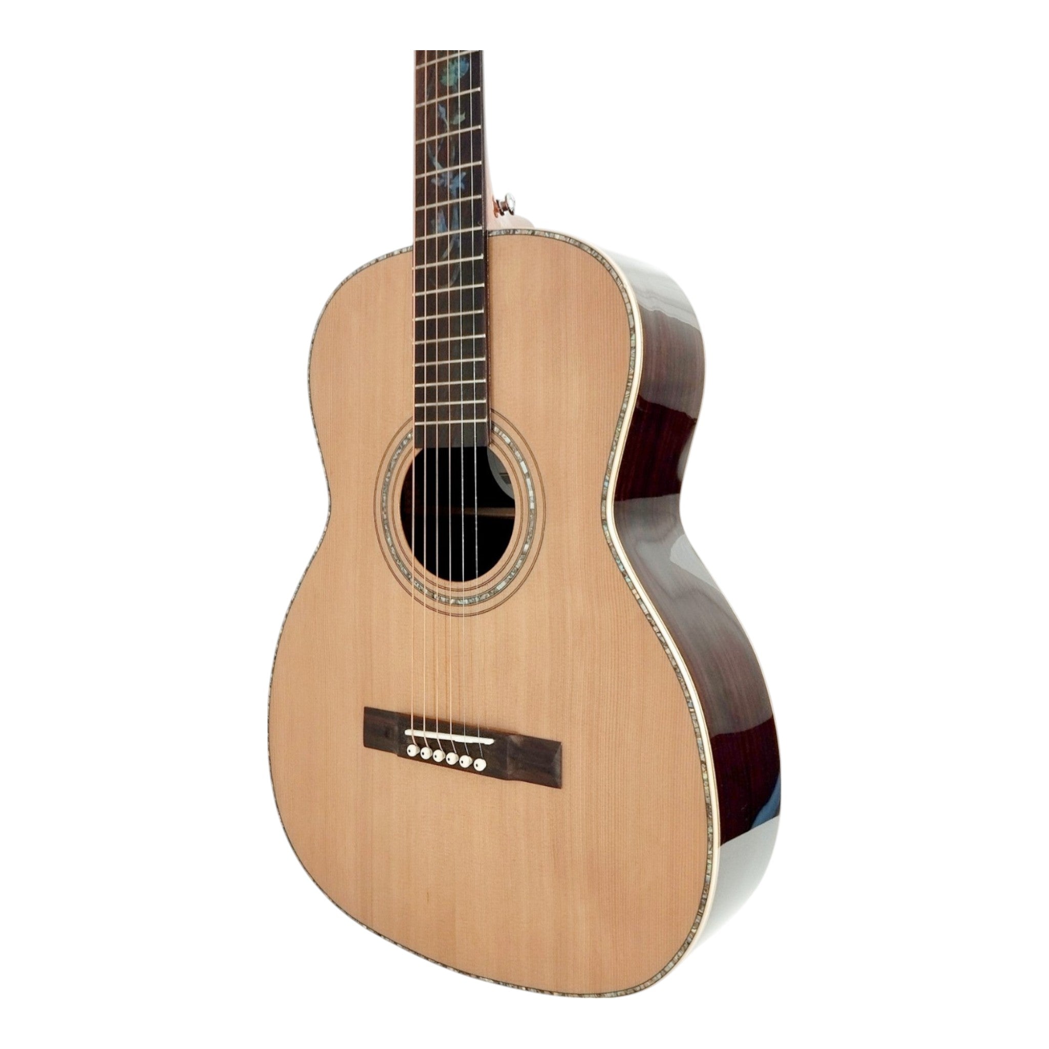 Haze LOTUS Parlor Acoustic Guitar – Solid Cedar Top, Gloss Natural, Abalone Vine Inlay