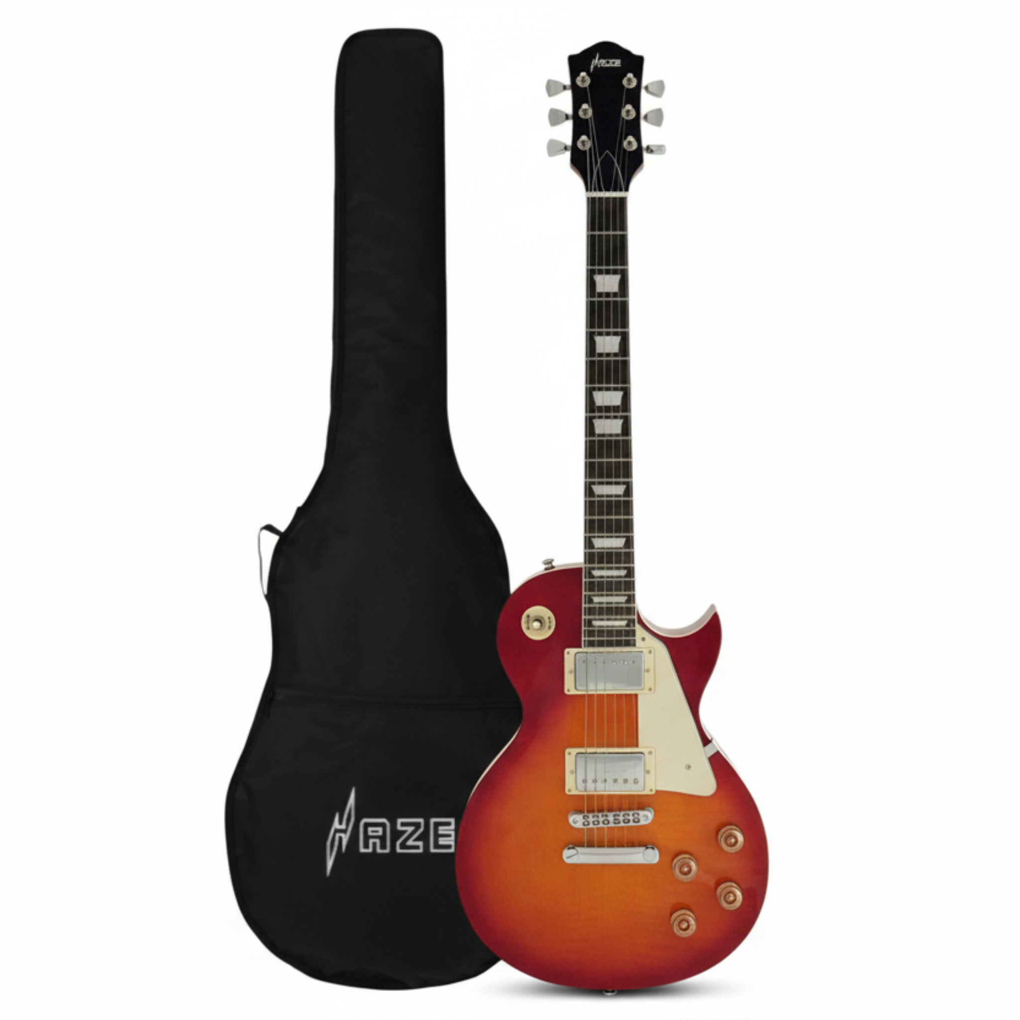 Haze SEG277THS Cherryburst Electric Guitar with Humbuckers and Flame Maple Top + 10W Amp. (Optional)