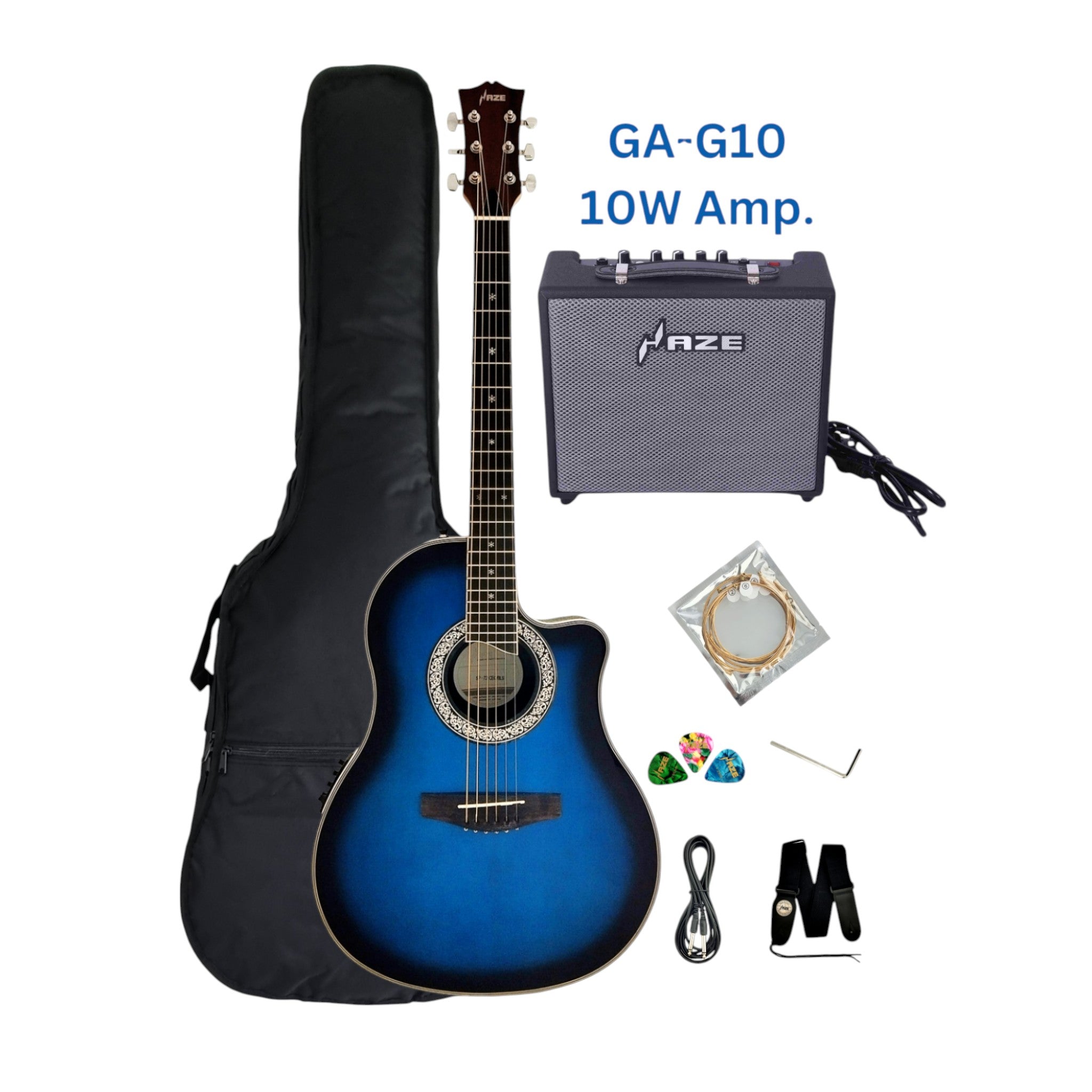 Haze SP721CEQBLS Roundback Built-In Pickups/Tuner Acoustic Guitar - Blue with Accessories and 10W Amp. (Optional)