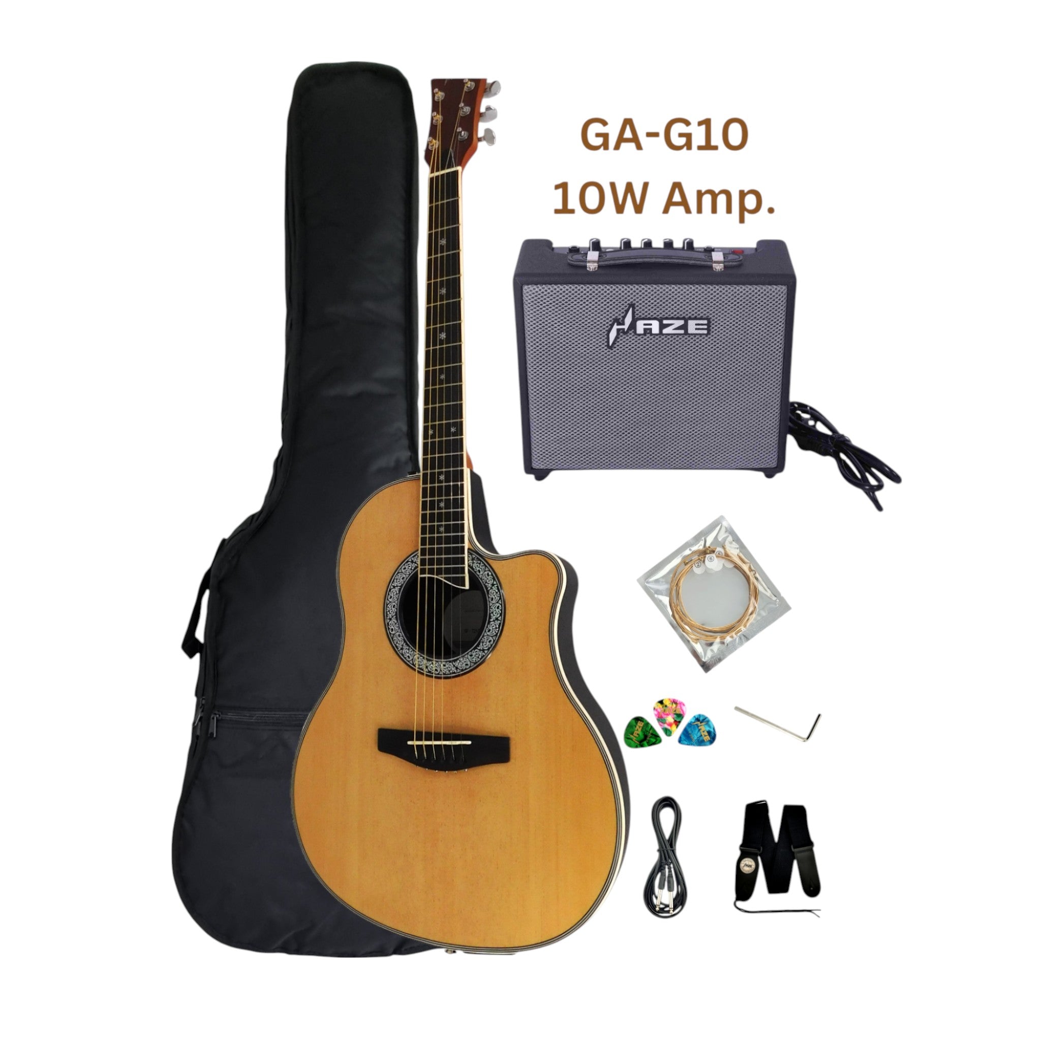 Haze SP721CEQN Fibre Glass Roundback Built-In Pickups/Tuner Acoustic Guitar - Natural with Accessories and 10W Amp. (Optional)
