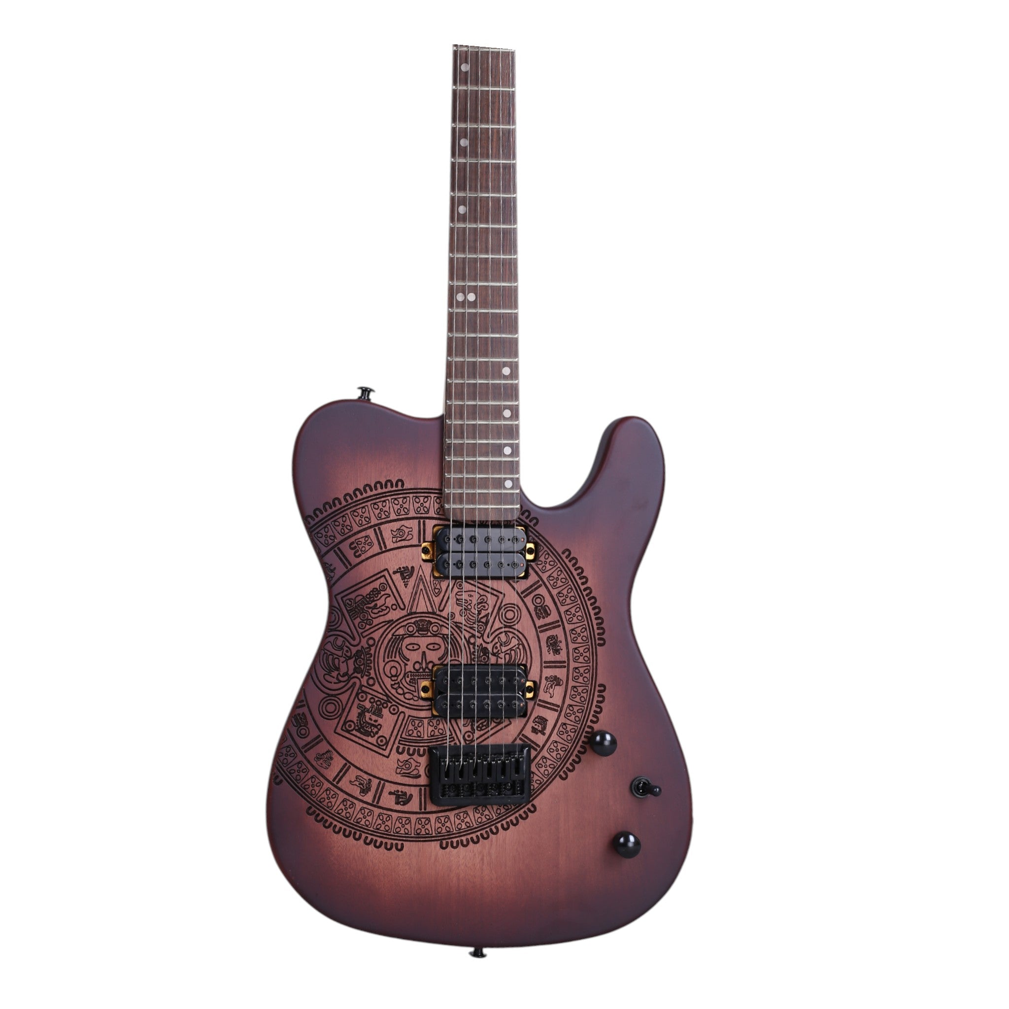 Haze TL197 Engraved Vintageburst "Aztec Sun" HH Electric Guitar with Dual Humbuckers