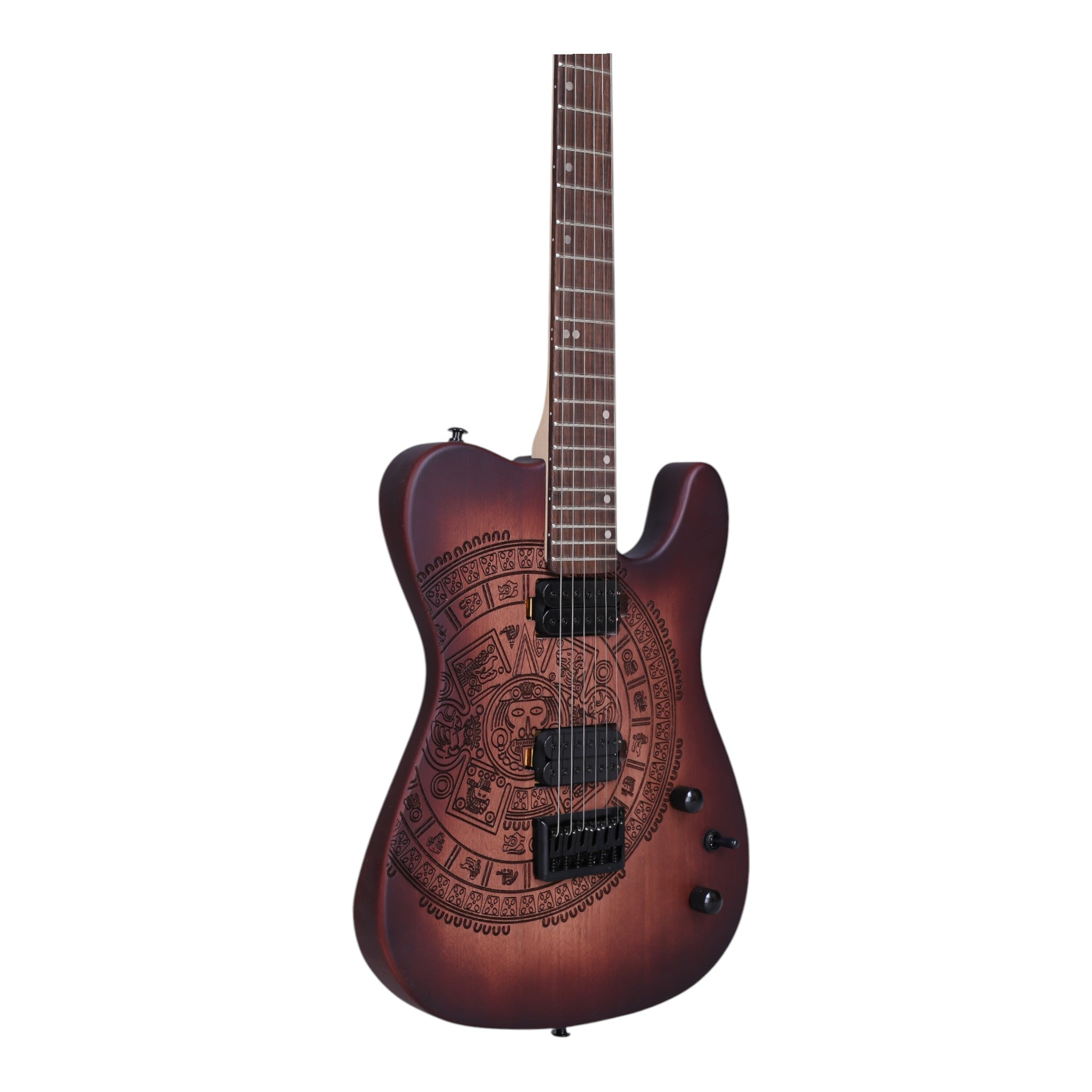 Haze TL197 Engraved Vintageburst "Aztec Sun" HH Electric Guitar with Dual Humbuckers