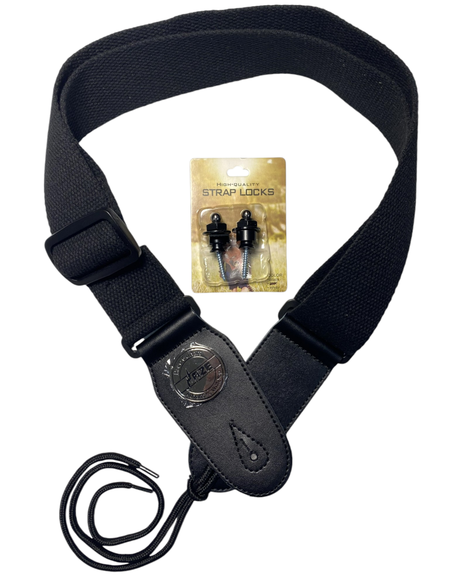 Haze HJKBK Black Guitar Strap Locks + Haze Strap Combo