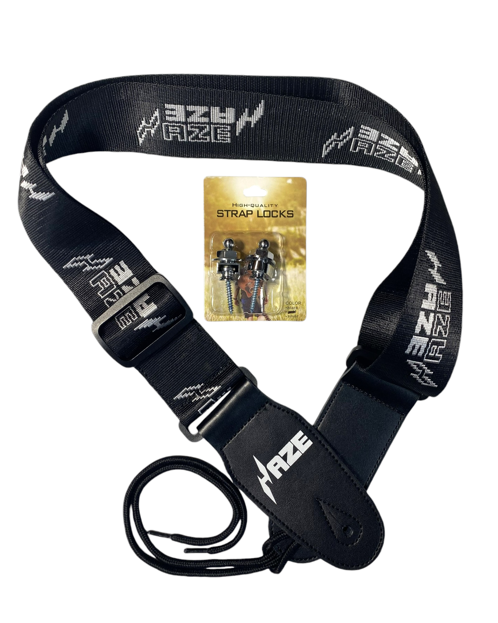 Haze HJKCR Chrome Guitar Strap Lock + Haze Strap Combo