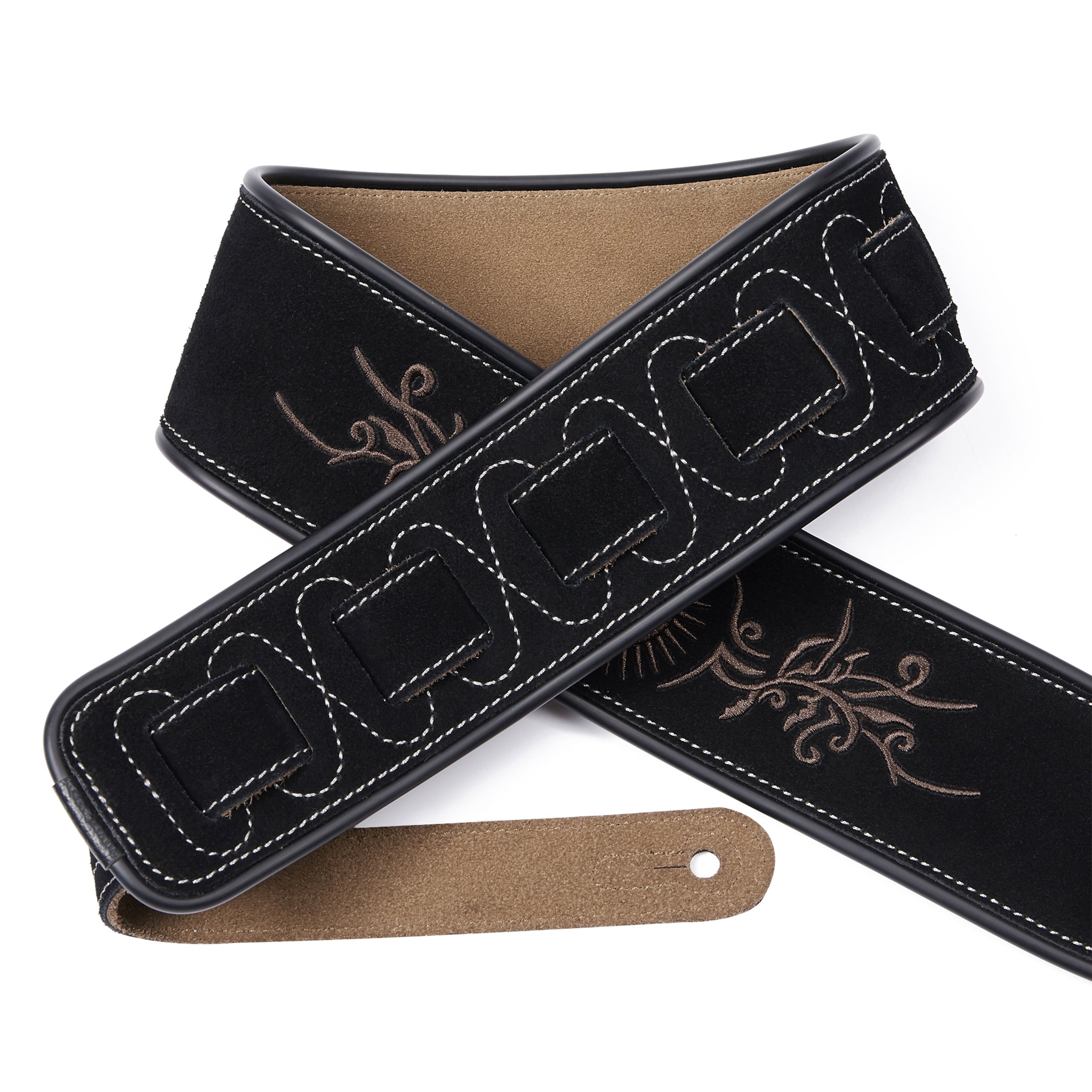 Amumu LE01EBK Embroidered Totem Guitar Strap Black Premium Suede Leather