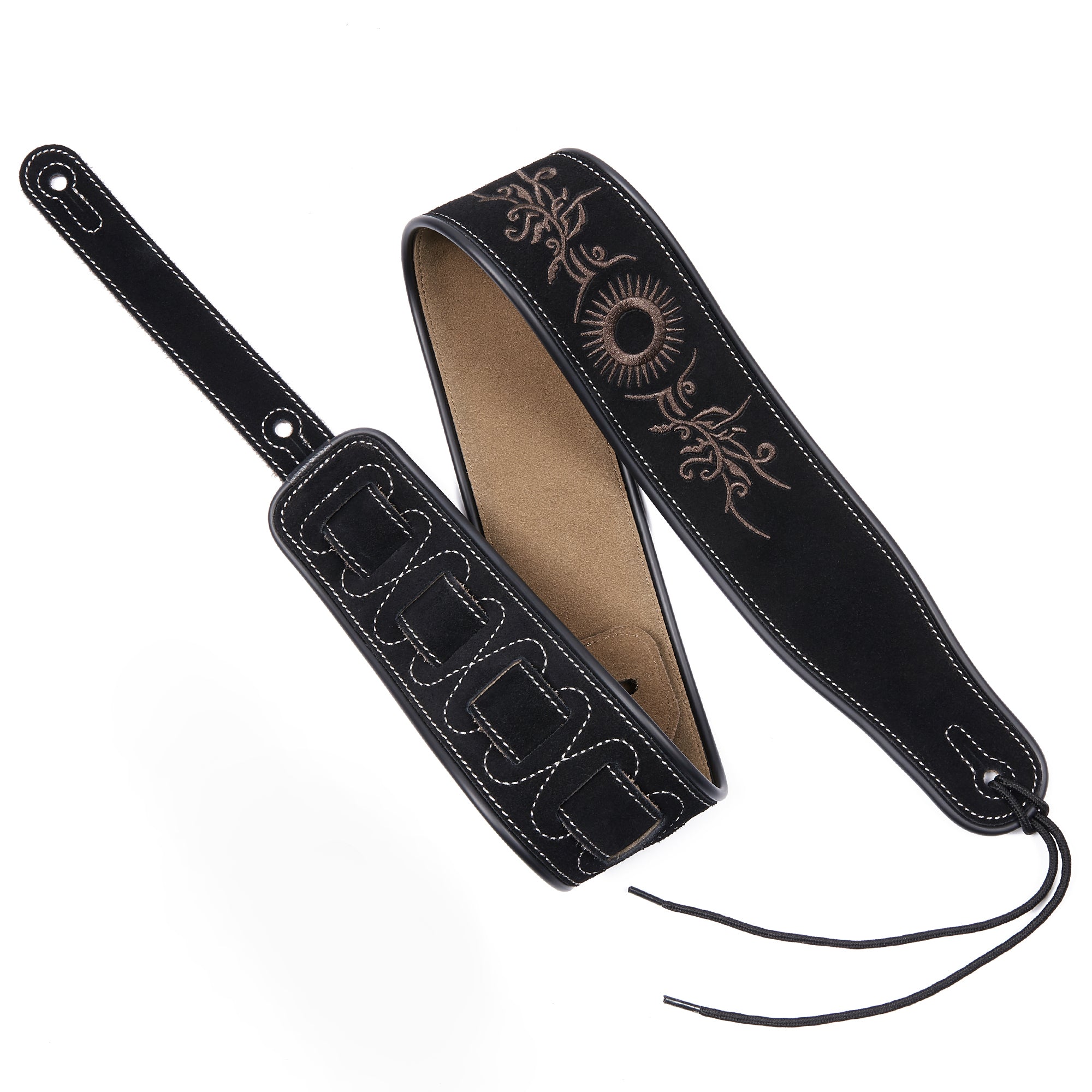 Amumu LE01EBK Embroidered Totem Guitar Strap Black Premium Suede Leather