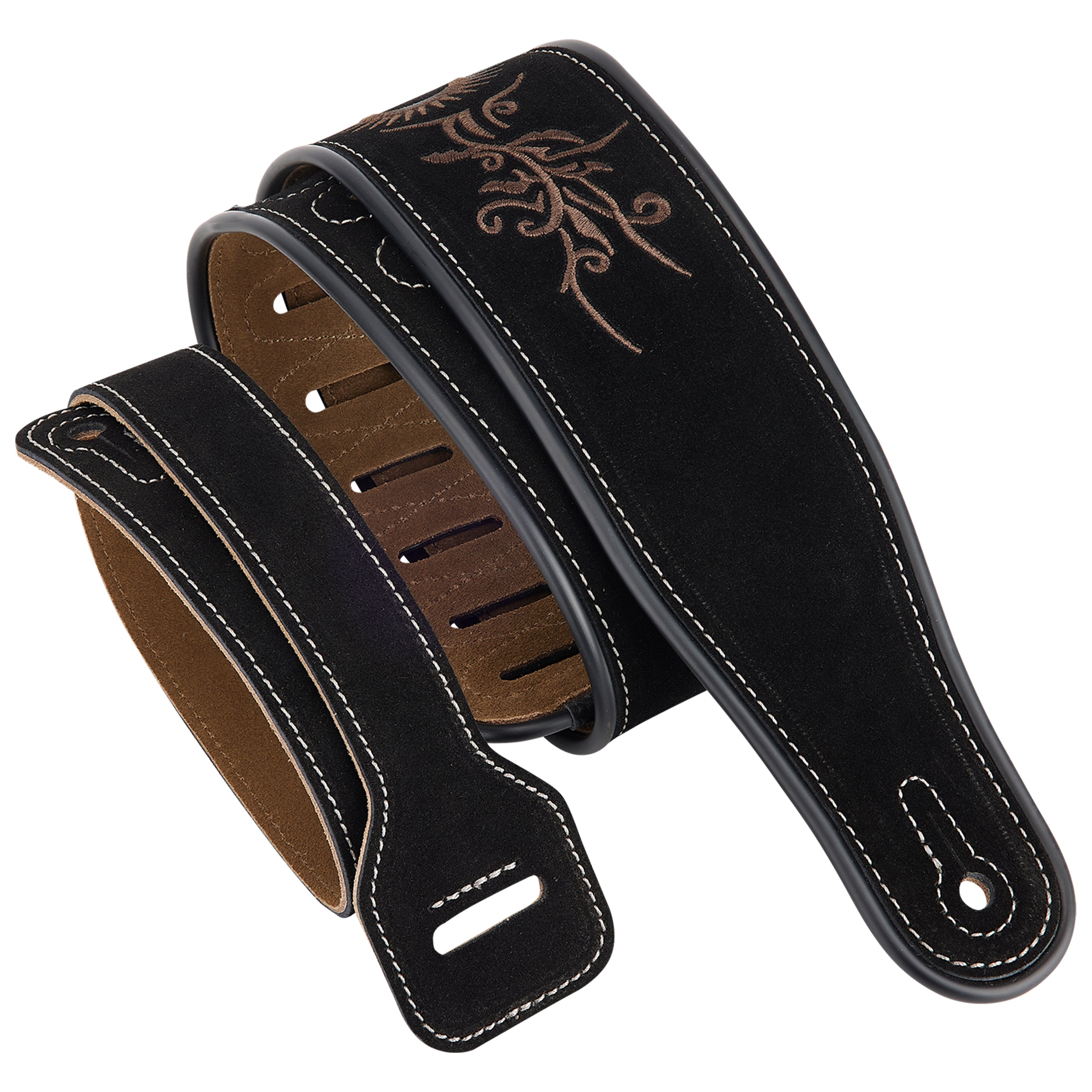 Amumu LE01EBK Embroidered Totem Guitar Strap Black Premium Suede Leather