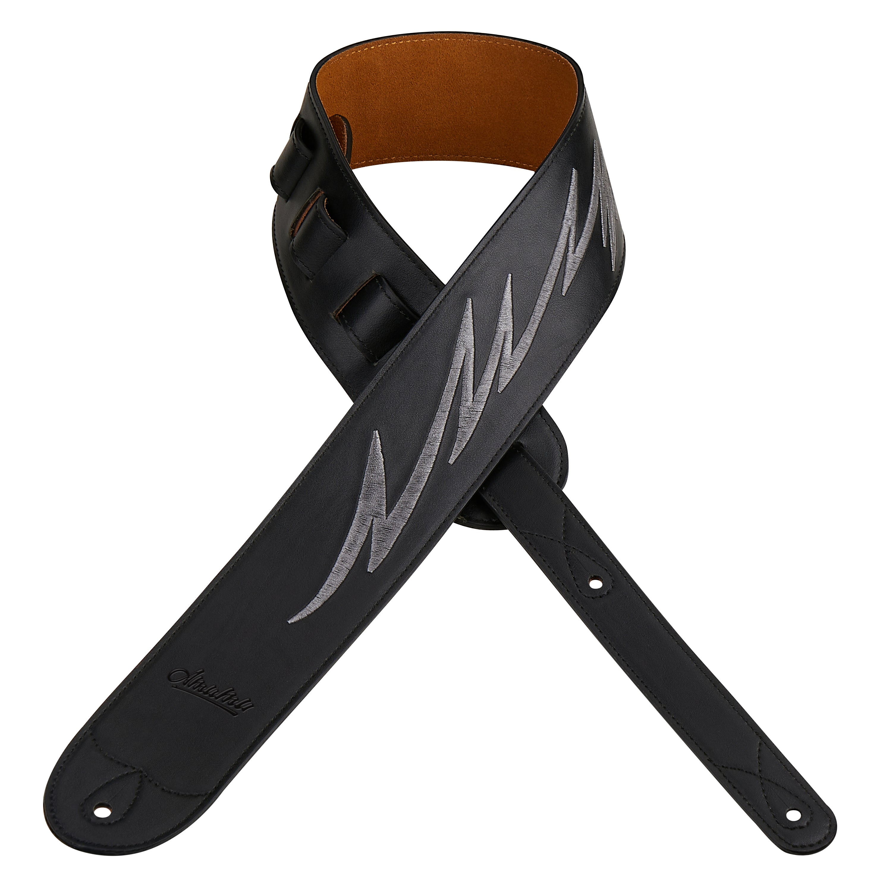 Amumu LE10BK Leather Embroidered Lightning Guitar Strap