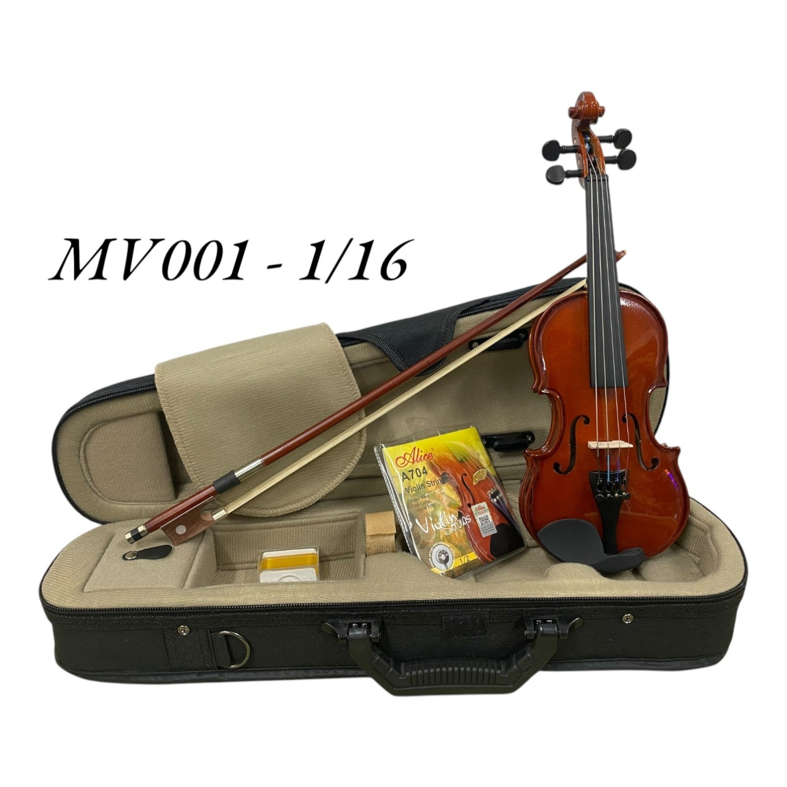 Caraya MV001 Solid Spruce Top 4/4 to 1/16 Size Violin Outfit in Natural Gloss w/ Foam Case, Bow, and Rosin