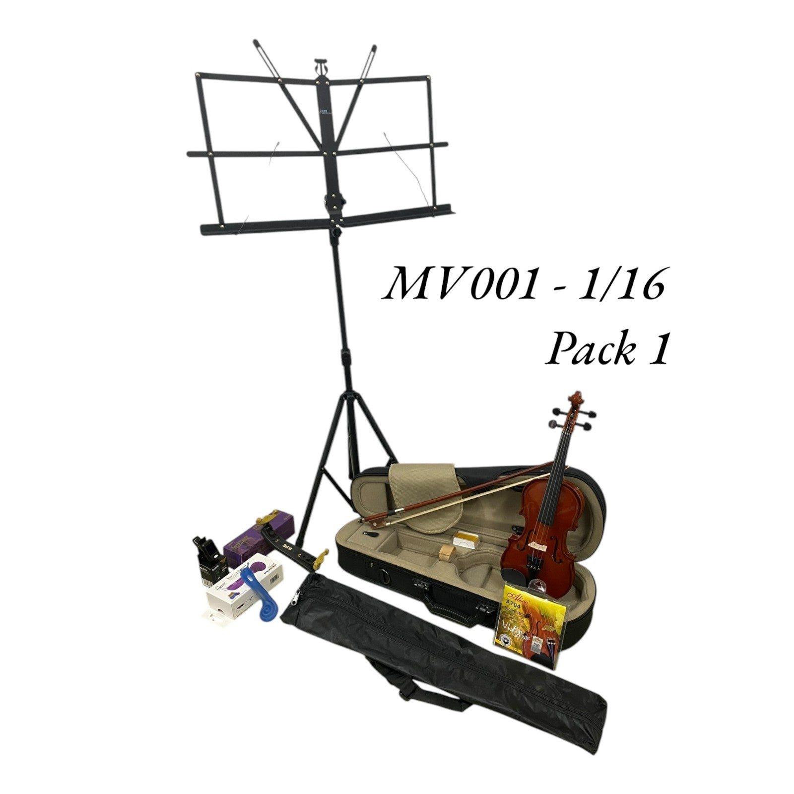 Caraya MV001 Solid Spruce Top 4/4 to 1/16 Size Violin Outfit in Natural Gloss - Student Bundle (MV001PK1)